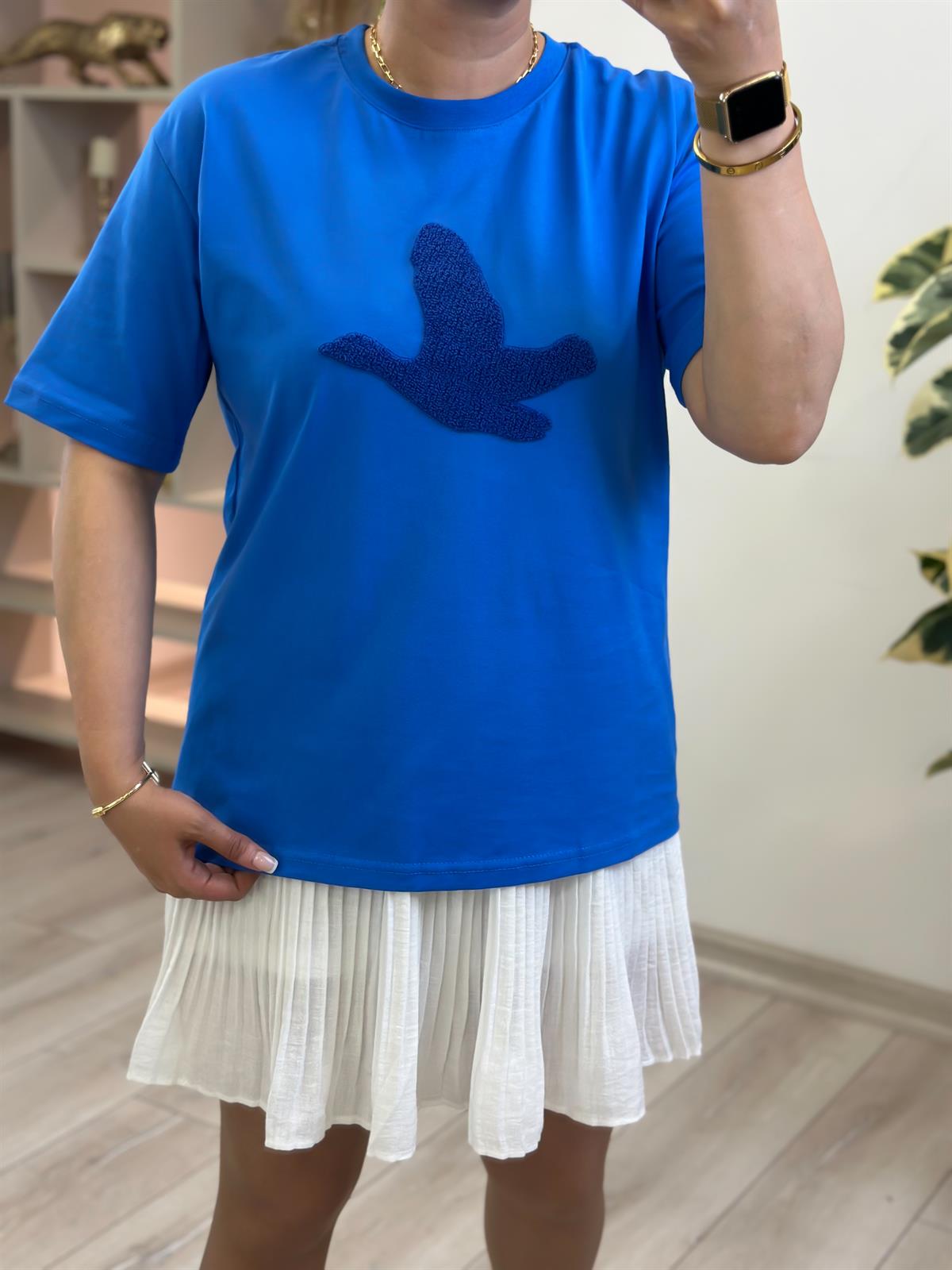 Kuş Kabartma Dokulu Tshirt MAVİ