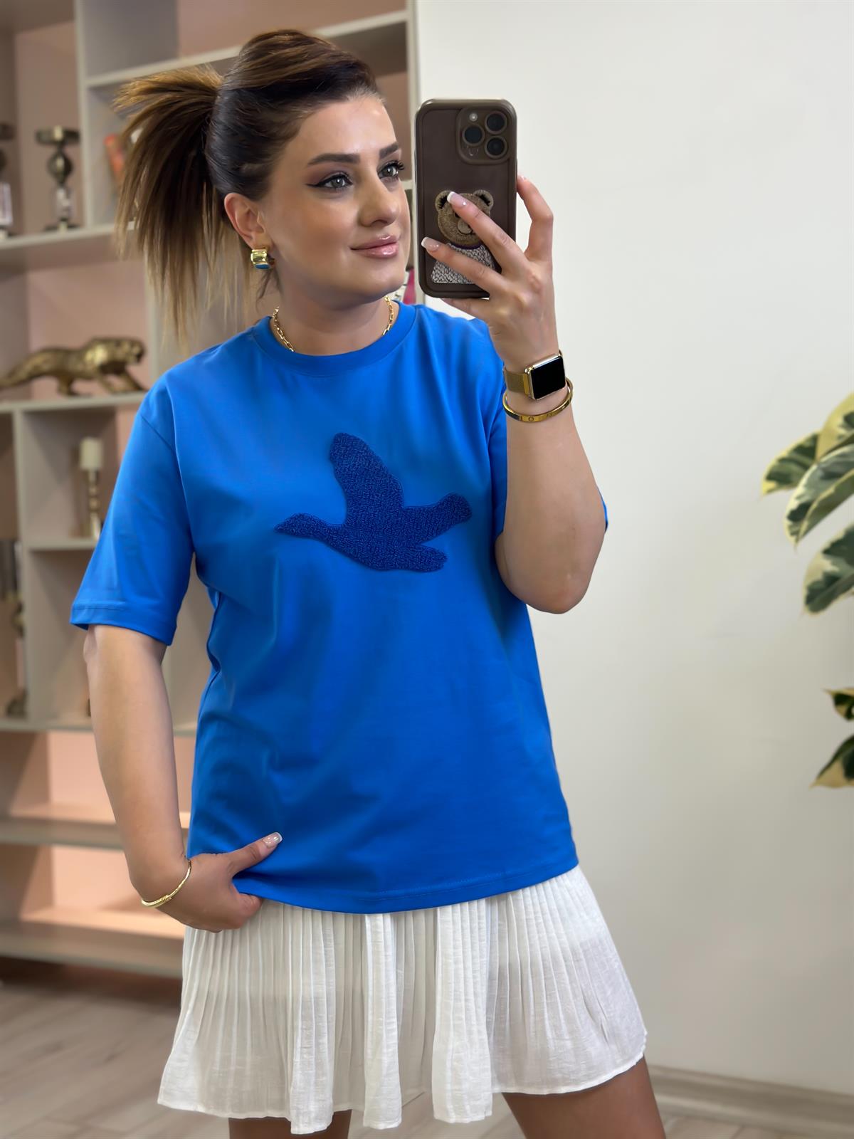 Kuş Kabartma Dokulu Tshirt MAVİ