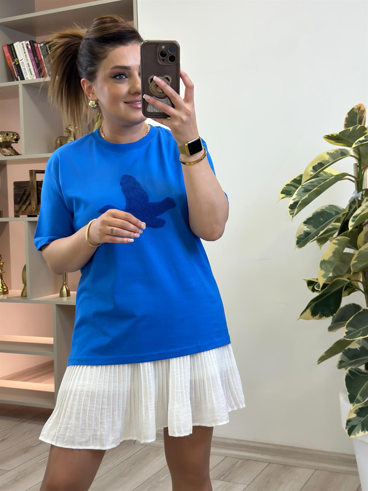 Kuş Kabartma Dokulu Tshirt MAVİ