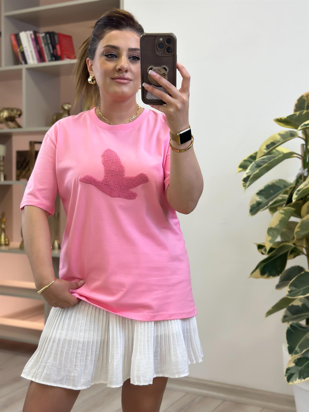 Kuş Kabartma Dokulu Tshirt PEMBE