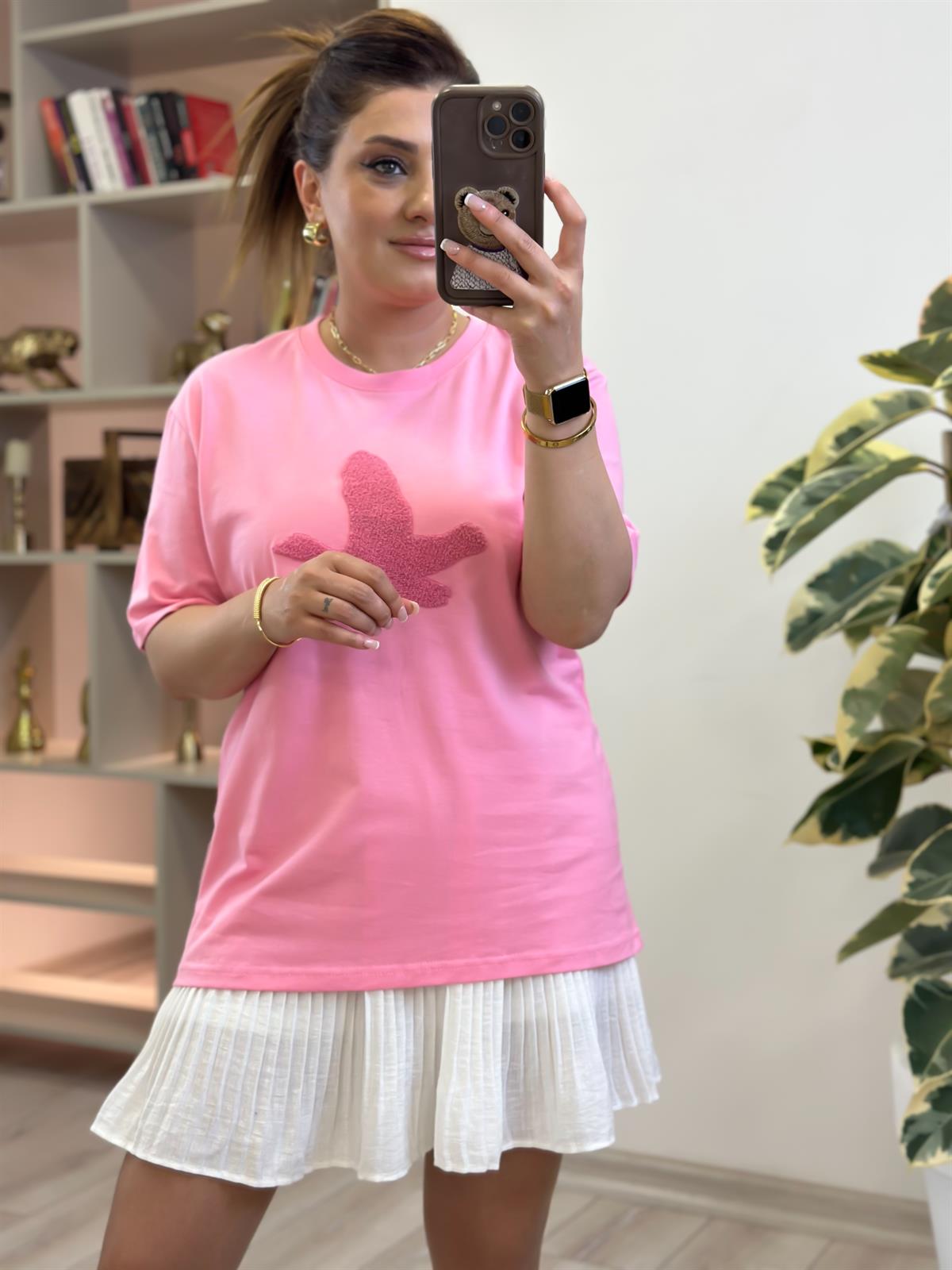 Kuş Kabartma Dokulu Tshirt PEMBE