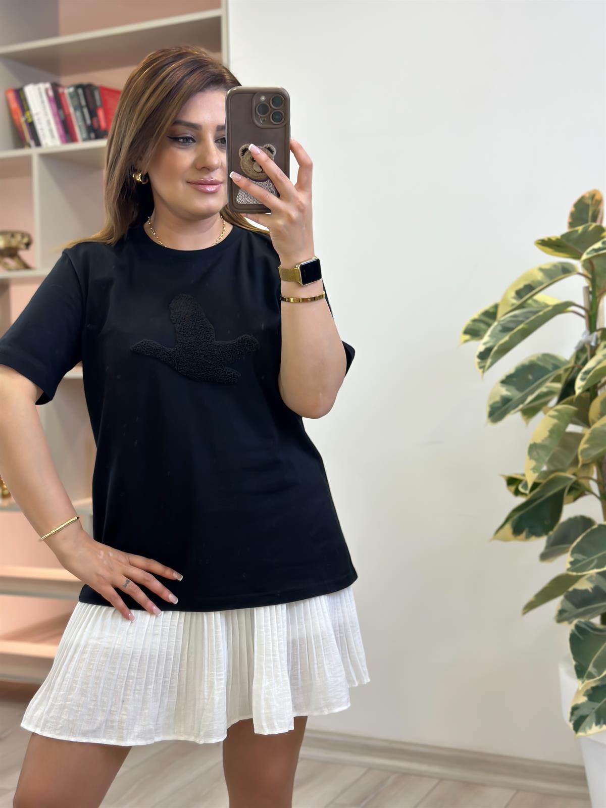 Kuş Kabartma Dokulu Tshirt SİYAH
