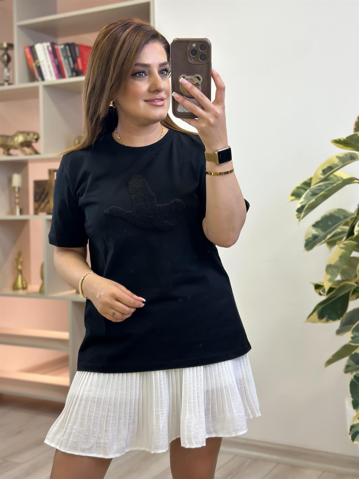 Kuş Kabartma Dokulu Tshirt SİYAH