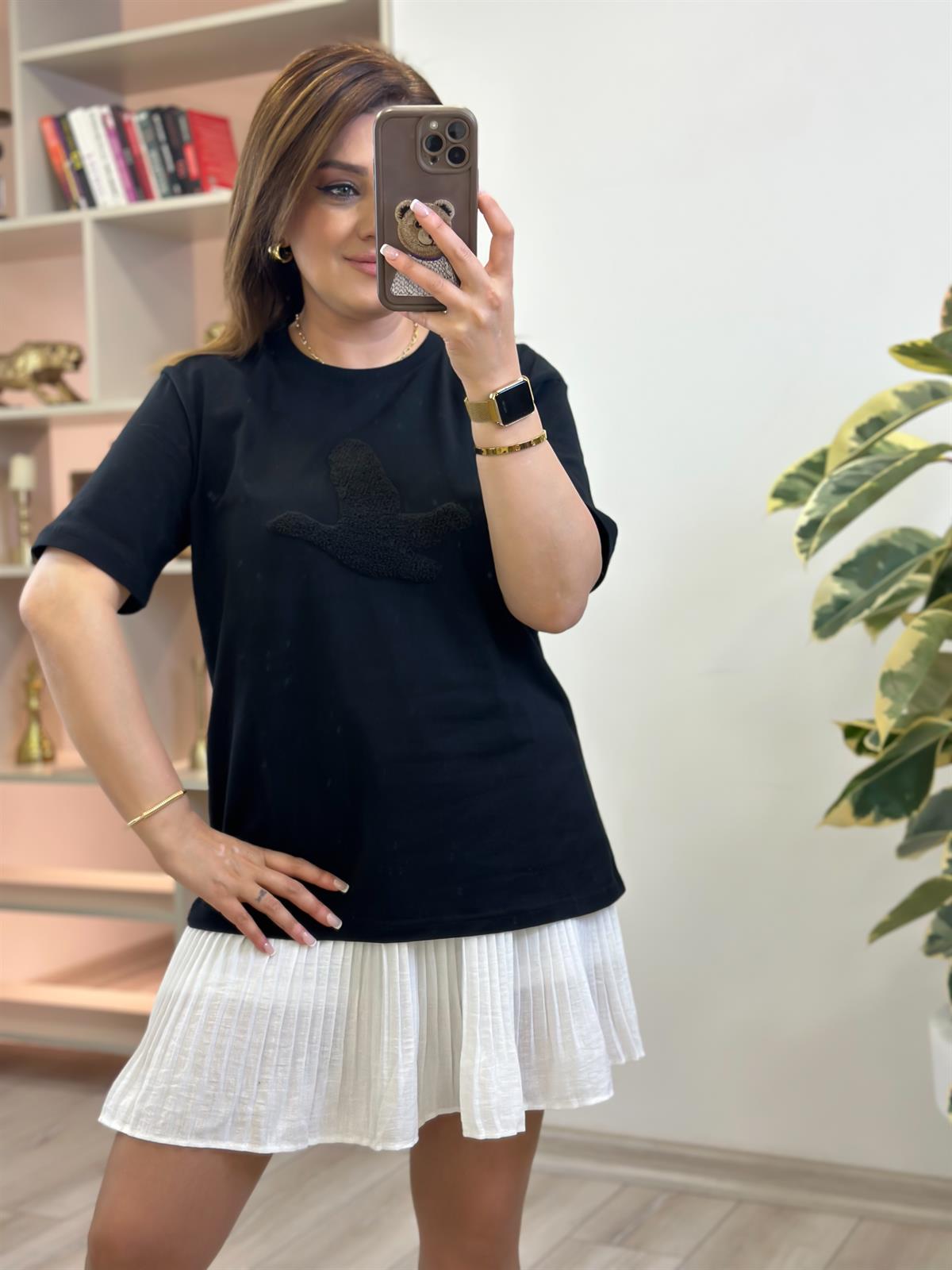 Kuş Kabartma Dokulu Tshirt SİYAH