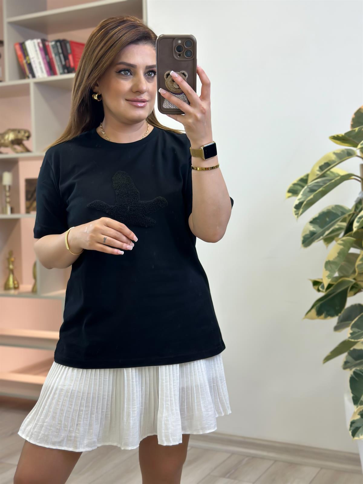 Kuş Kabartma Dokulu Tshirt SİYAH