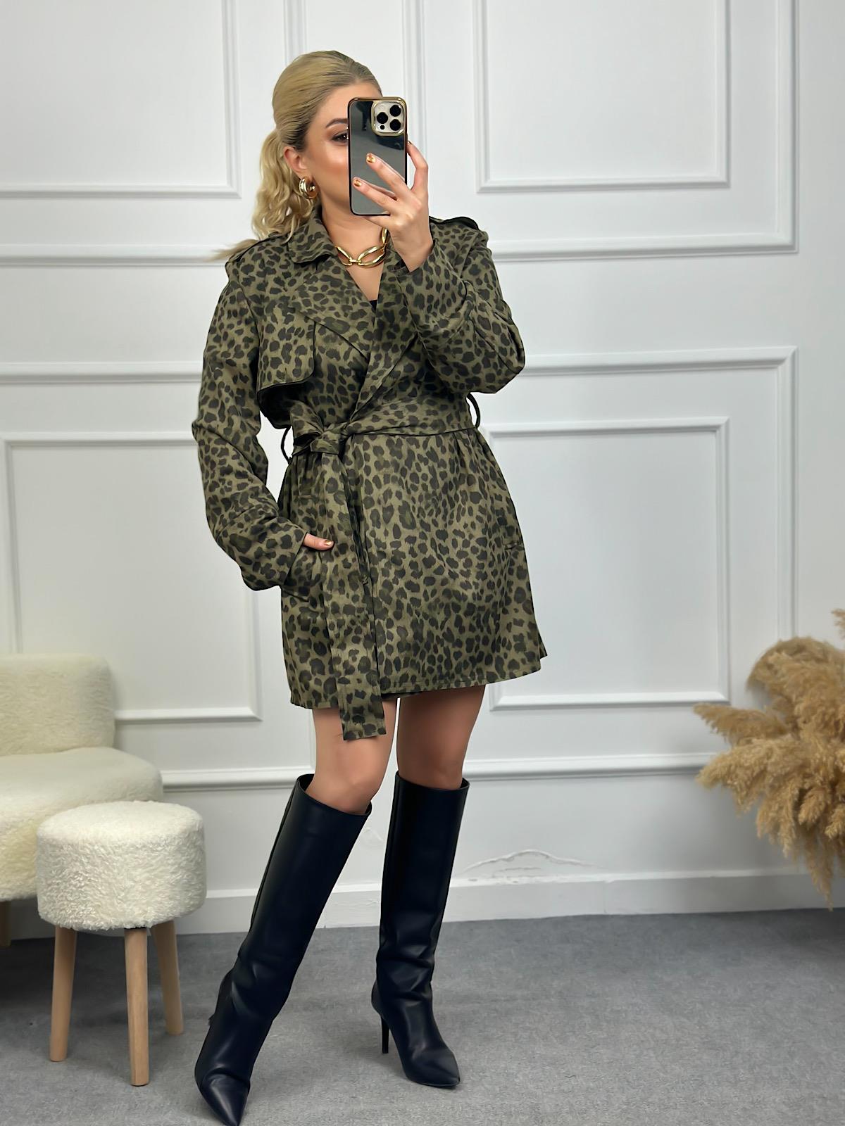 Kuşaklı Leopar Trençkot HAKİ