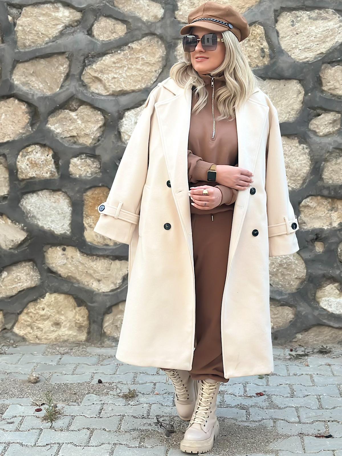 Kuşaklı Premium Kaşe Kaban EKRU