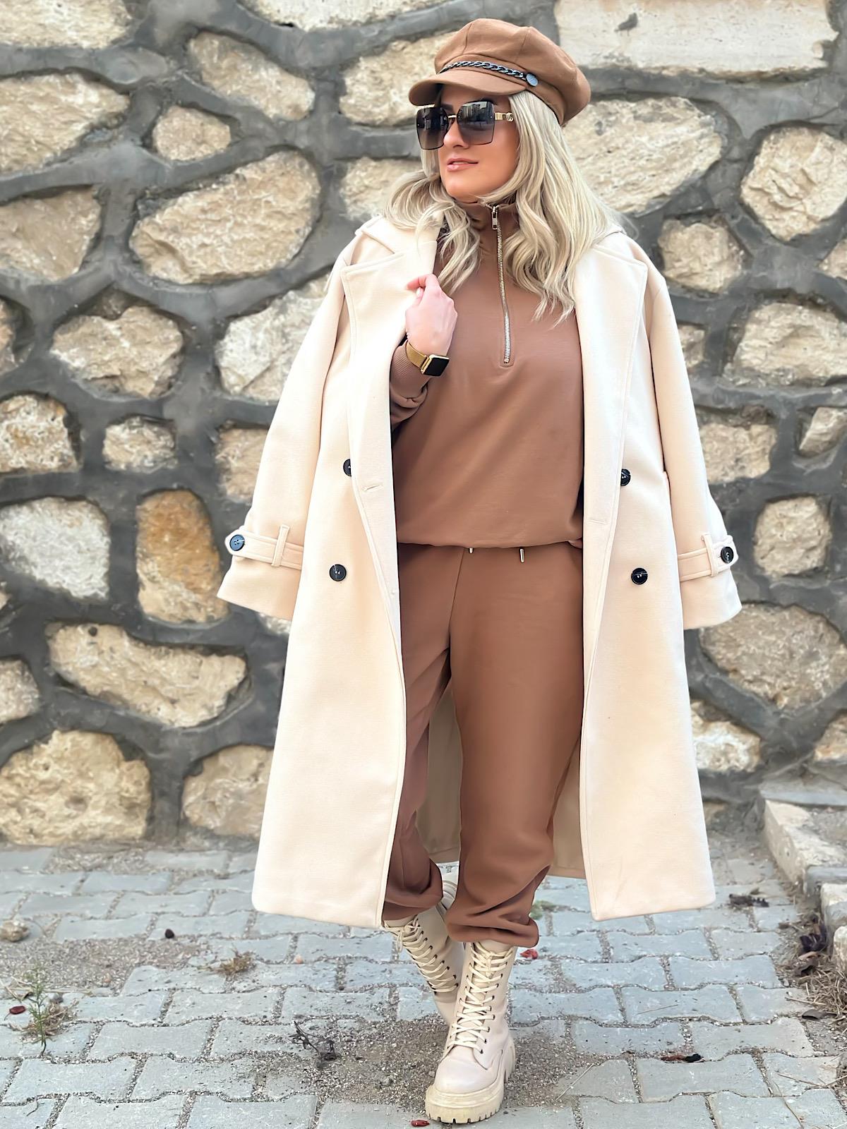 Kuşaklı Premium Kaşe Kaban EKRU