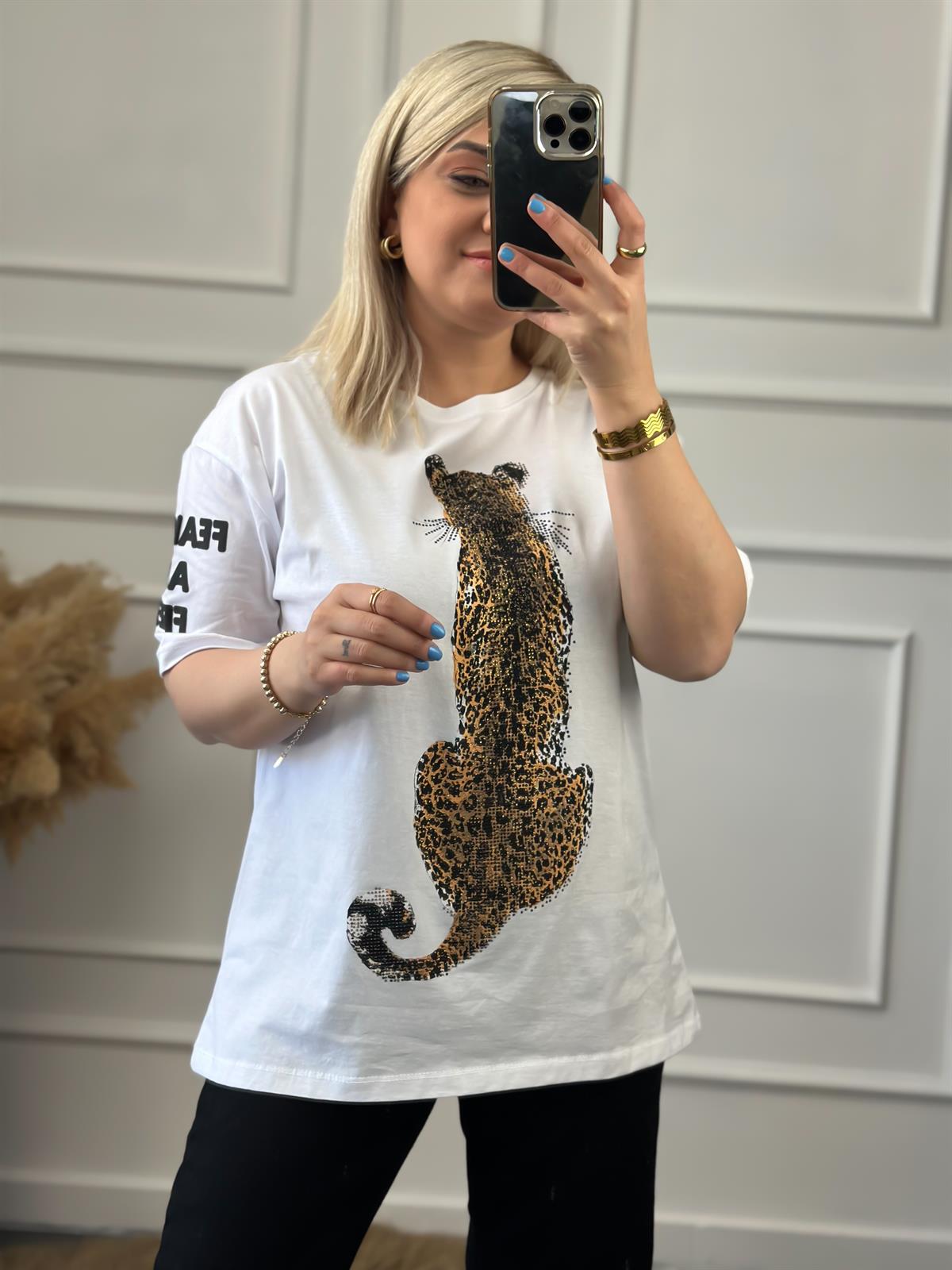 Leopar Basklı Taş İşleme  Biaikilet Yaka Oversize Tshirt BEYAZ