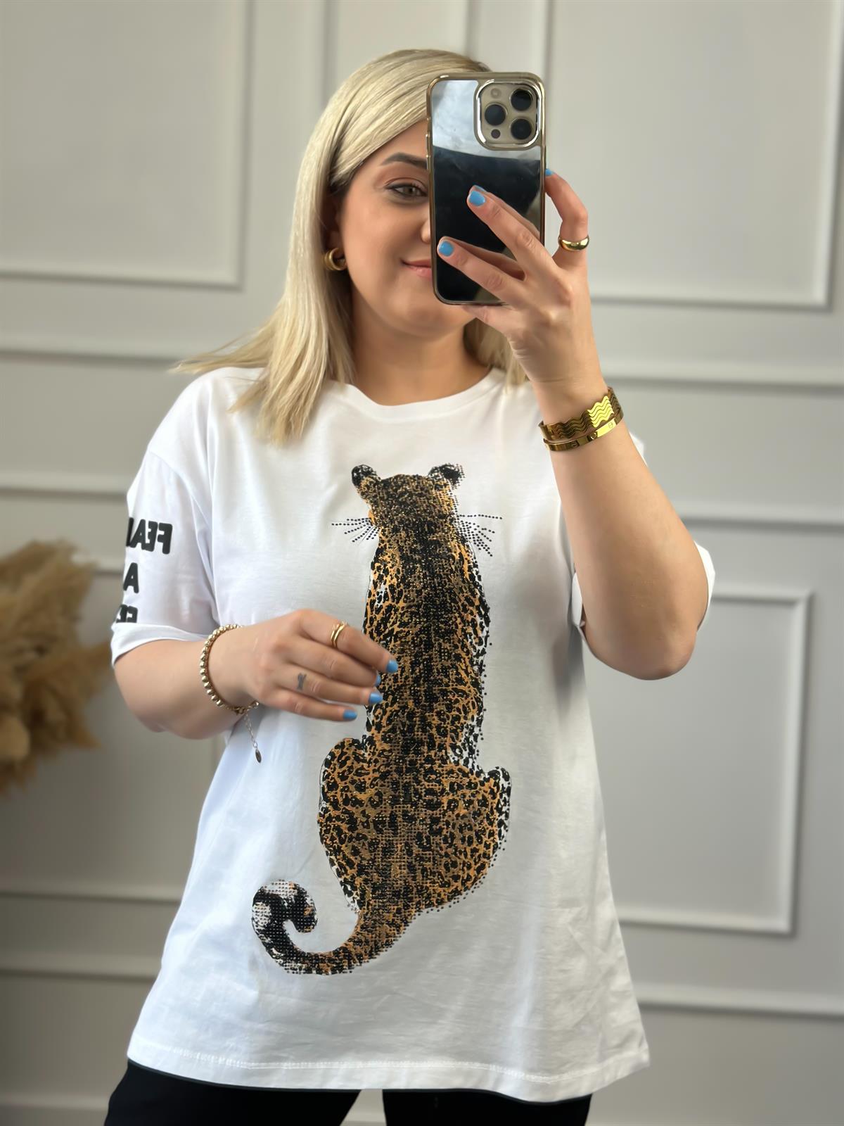 Leopar Basklı Taş İşleme  Biaikilet Yaka Oversize Tshirt BEYAZ
