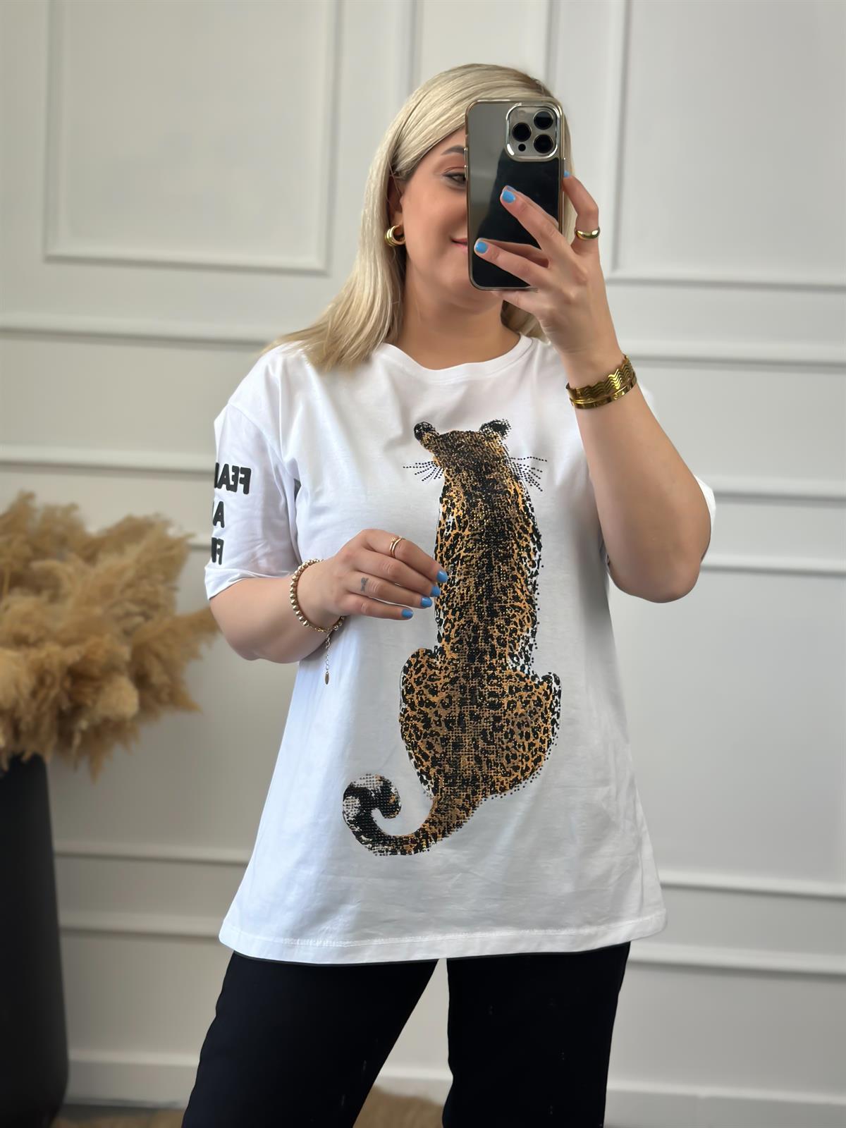 Leopar Basklı Taş İşleme  Biaikilet Yaka Oversize Tshirt BEYAZ