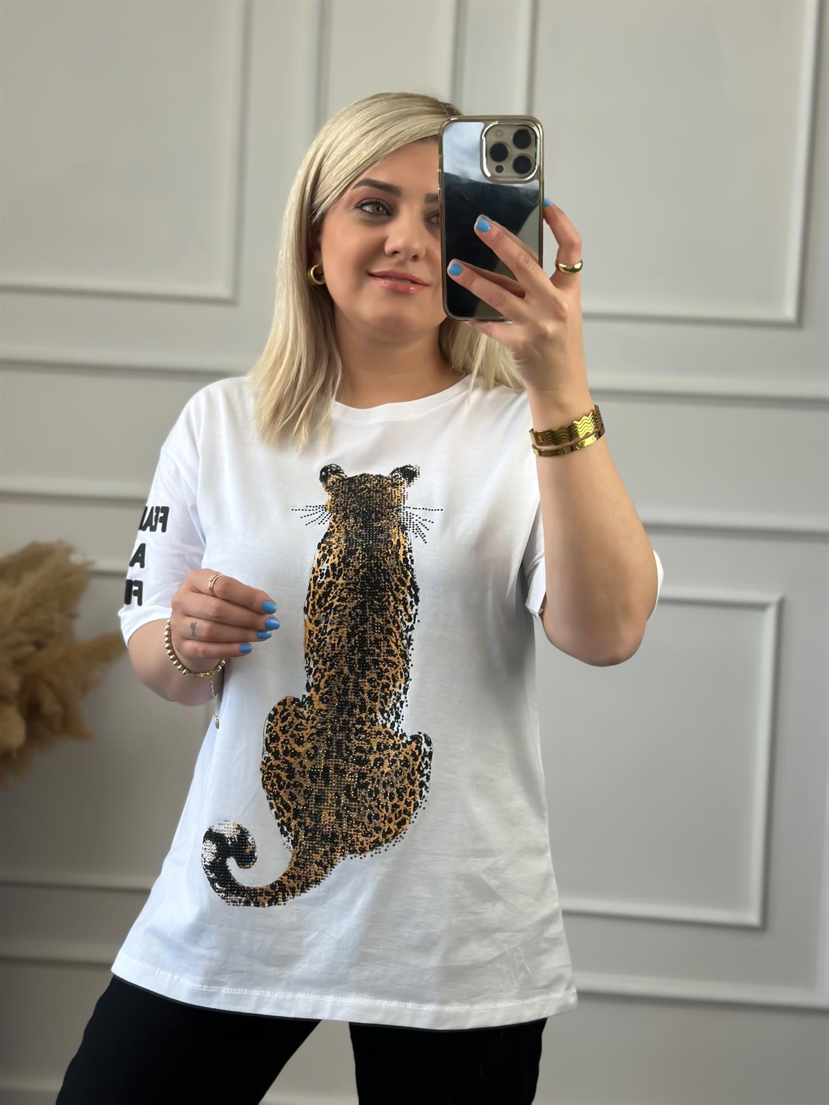 Leopar Basklı Taş İşleme  Biaikilet Yaka Oversize Tshirt BEYAZ