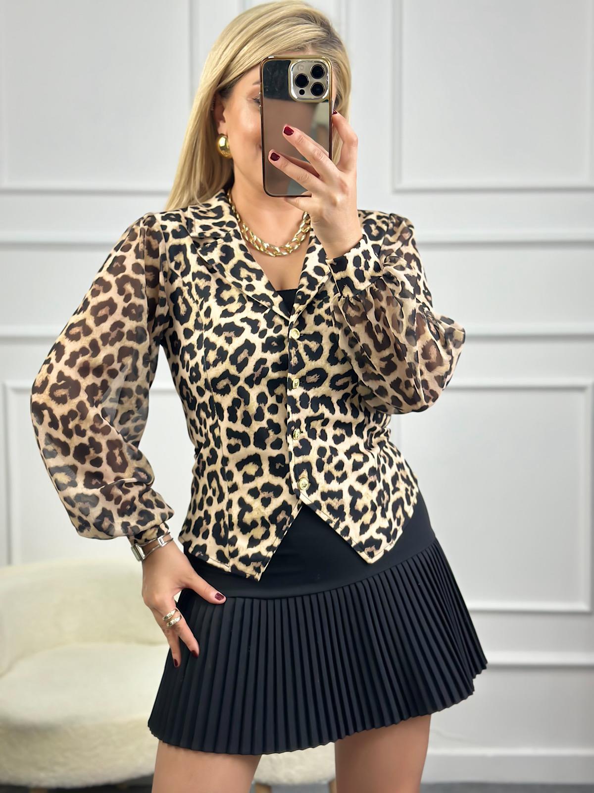Leopar Desen Ceket Yaka Kolları Şifon Bluz BEJ