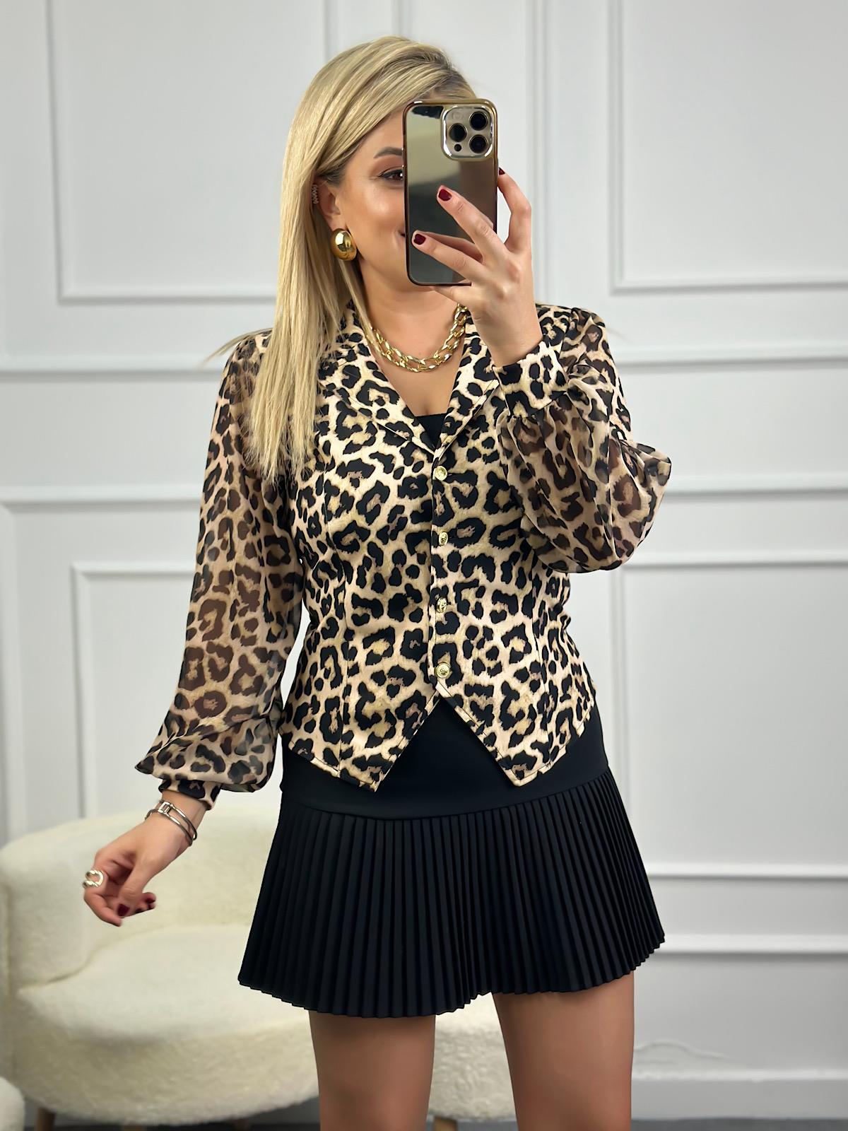 Leopar Desen Ceket Yaka Kolları Şifon Bluz BEJ