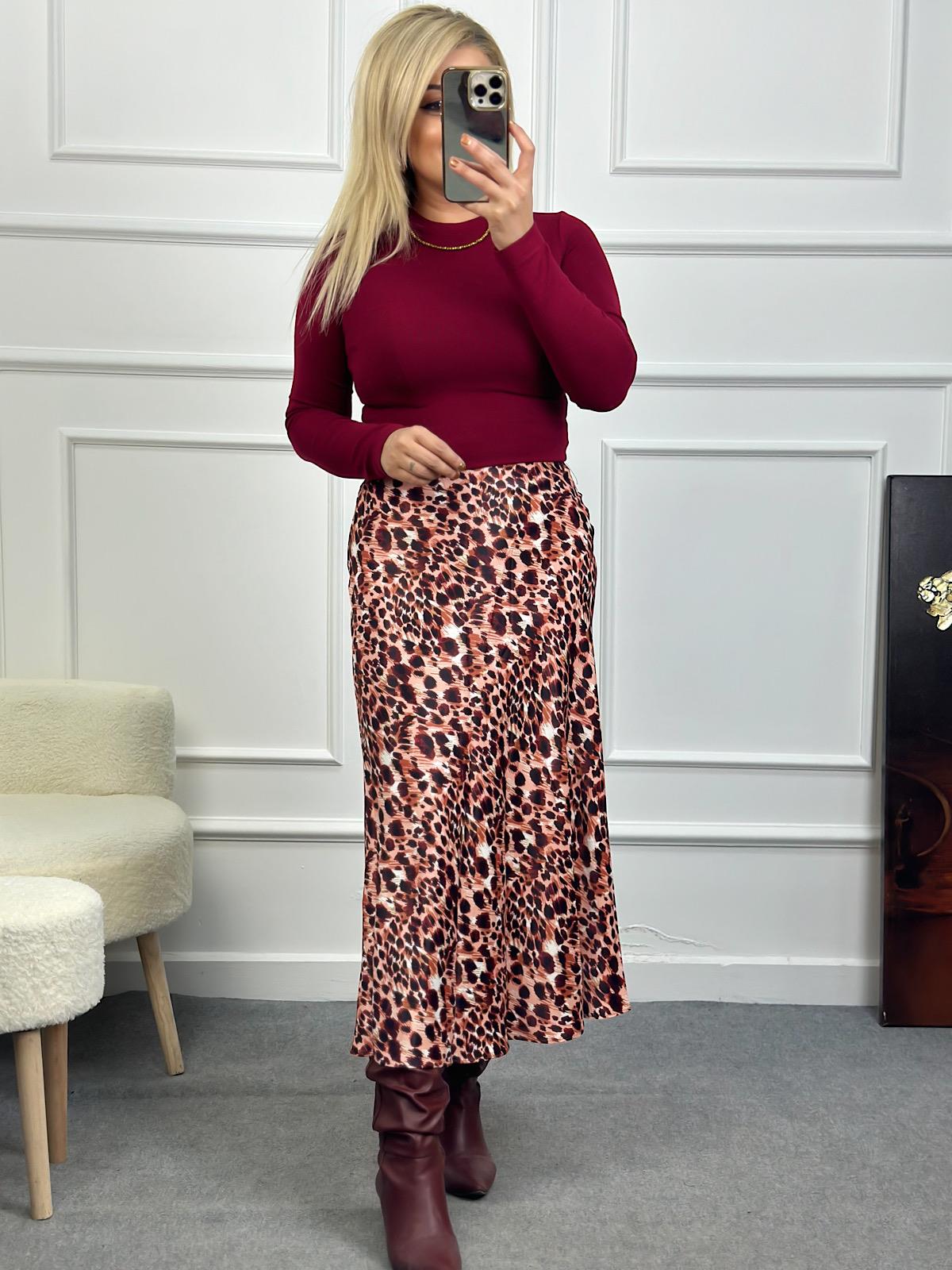 Leopar Desenli Etek BORDO