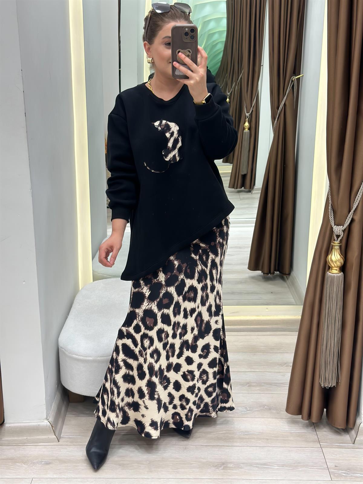 Leopar Detaylı Etekli Sweatshirt 2 Li Takım SİYAH