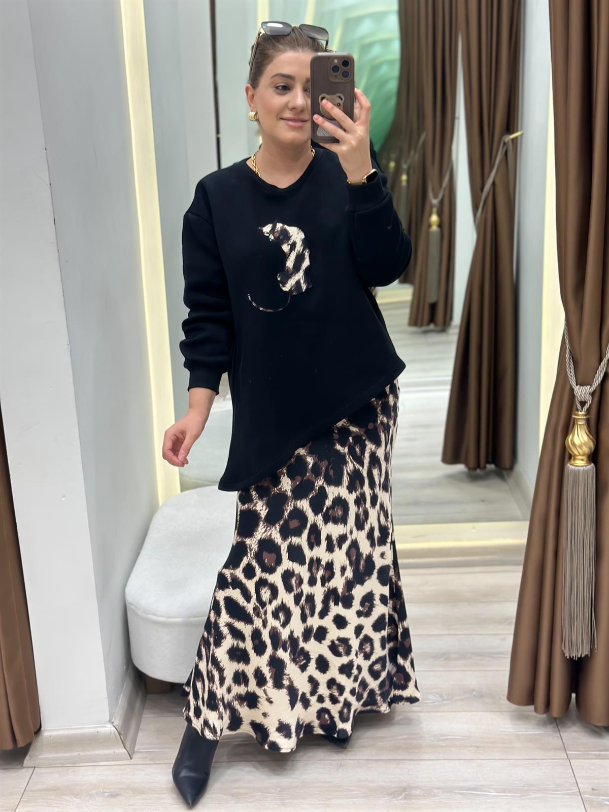 Leopar Detaylı Etekli Sweatshirt 2 Li Takım SİYAH