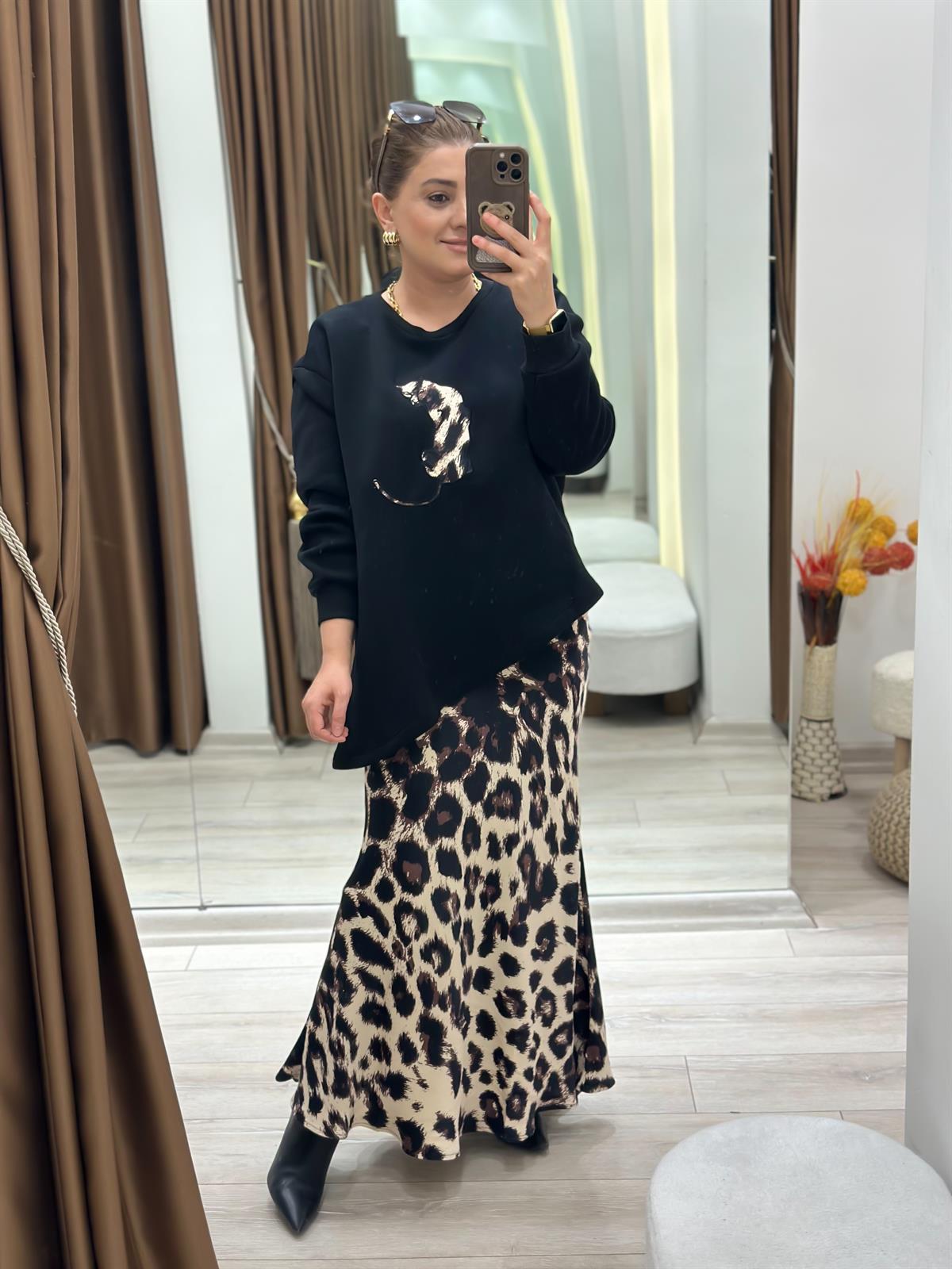 Leopar Detaylı Etekli Sweatshirt 2 Li Takım SİYAH