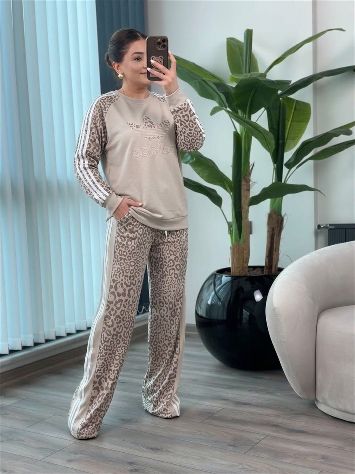 Leopar Detaylı İkili Uzun Kol  Takım BEJ-23MeUST00177
