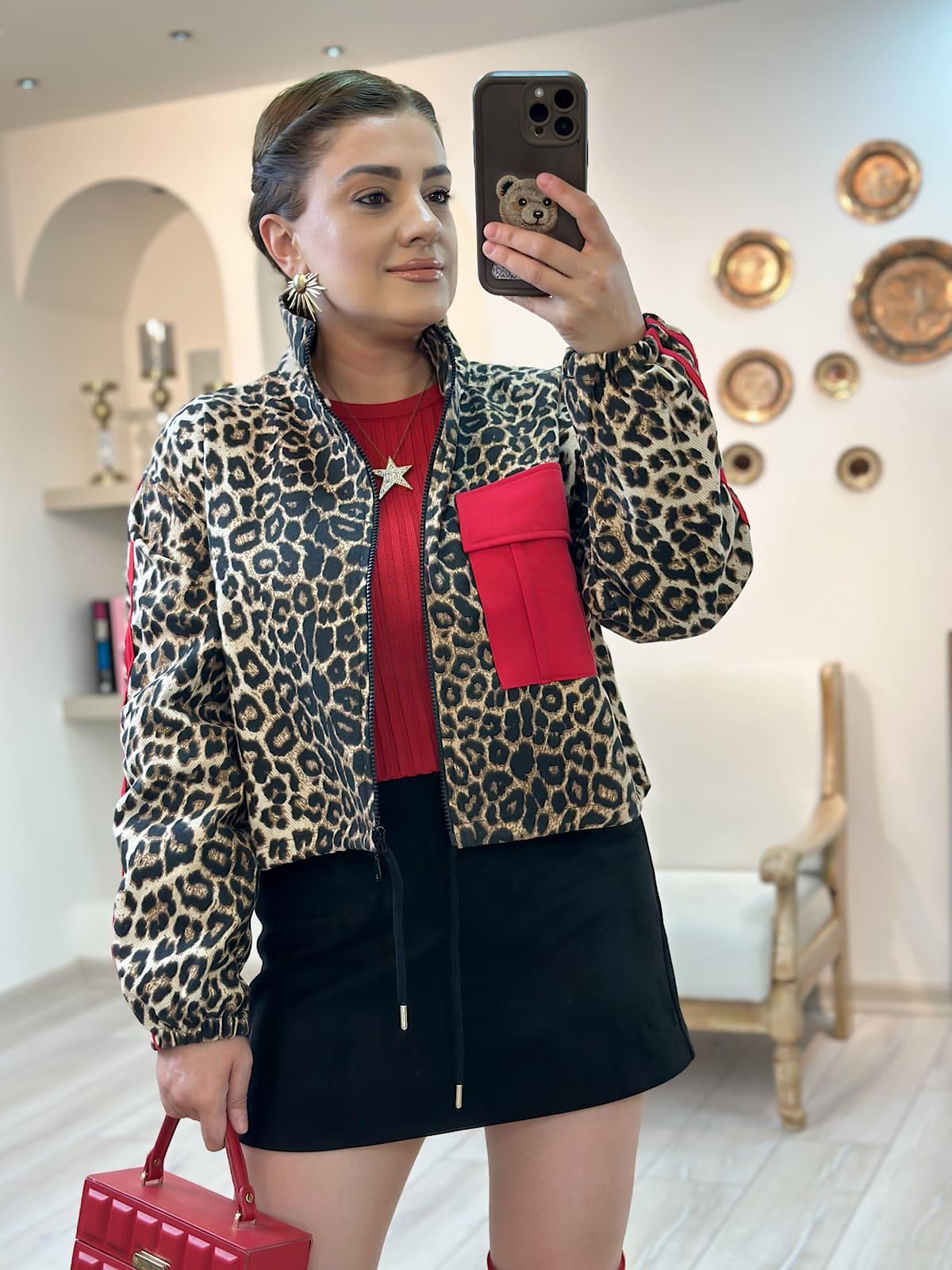 Leopar  Kırmızı Biye Geçişli Fermuar Detaylı Ceket KAHVE