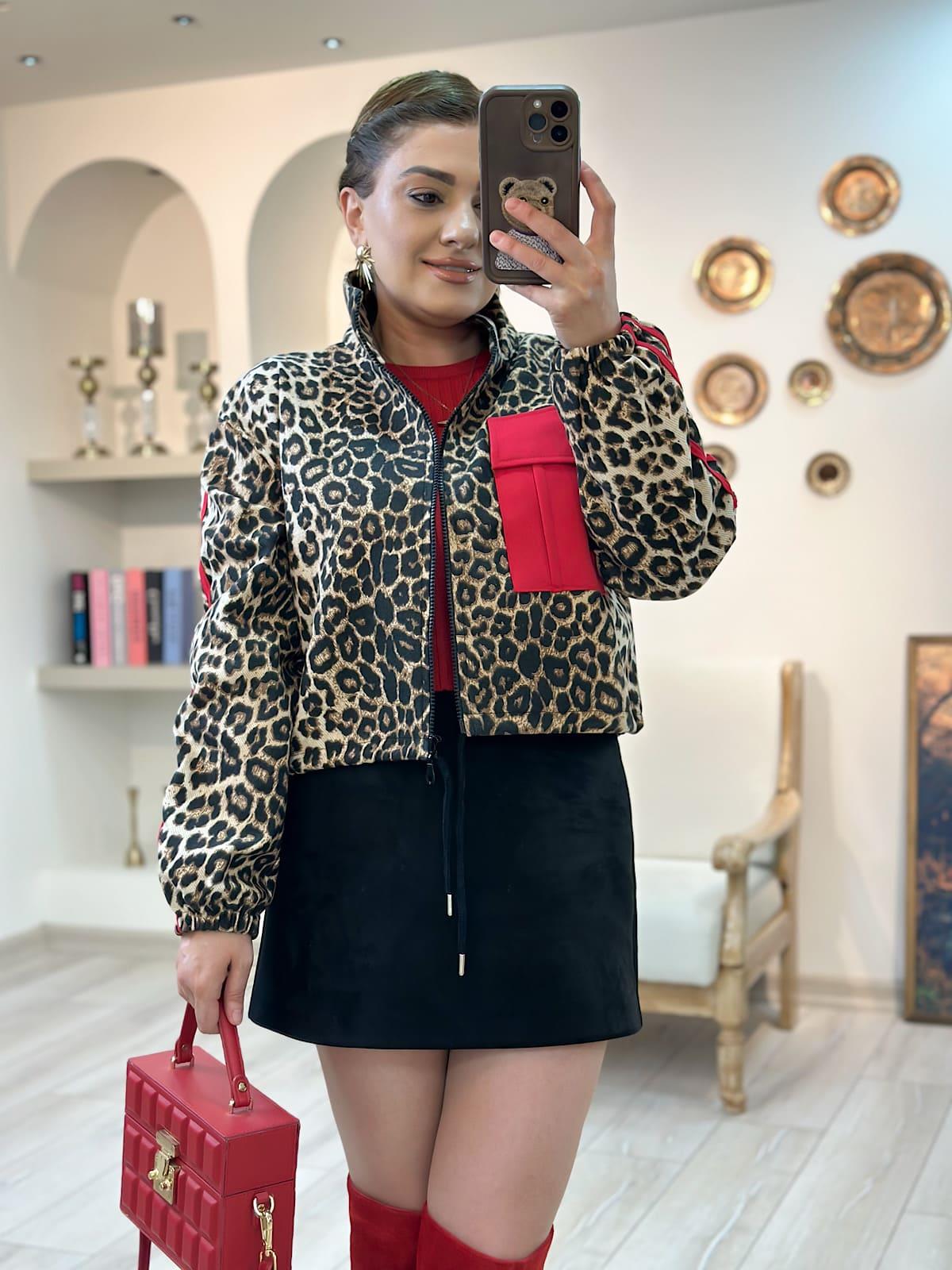 Leopar  Kırmızı Biye Geçişli Fermuar Detaylı Ceket KAHVE