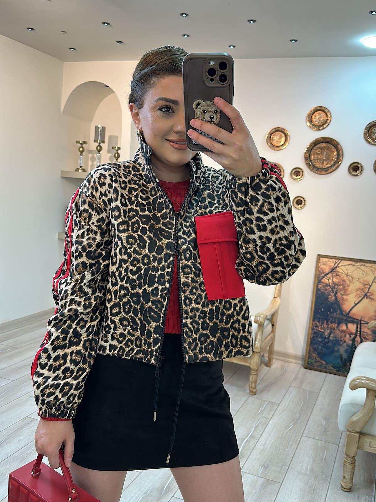 Leopar  Kırmızı Biye Geçişli Fermuar Detaylı Ceket KAHVE