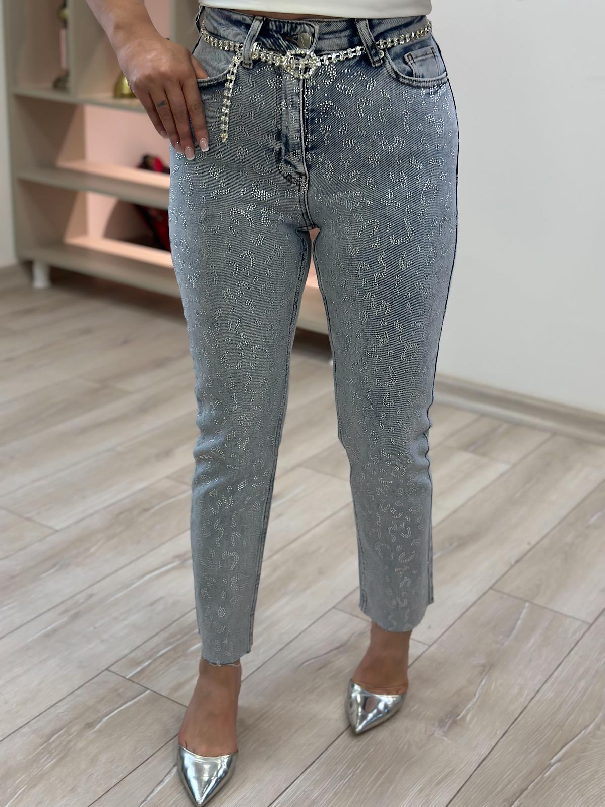 Leopar Taşlı Mom Fit Pantolon BUZ MAVİ