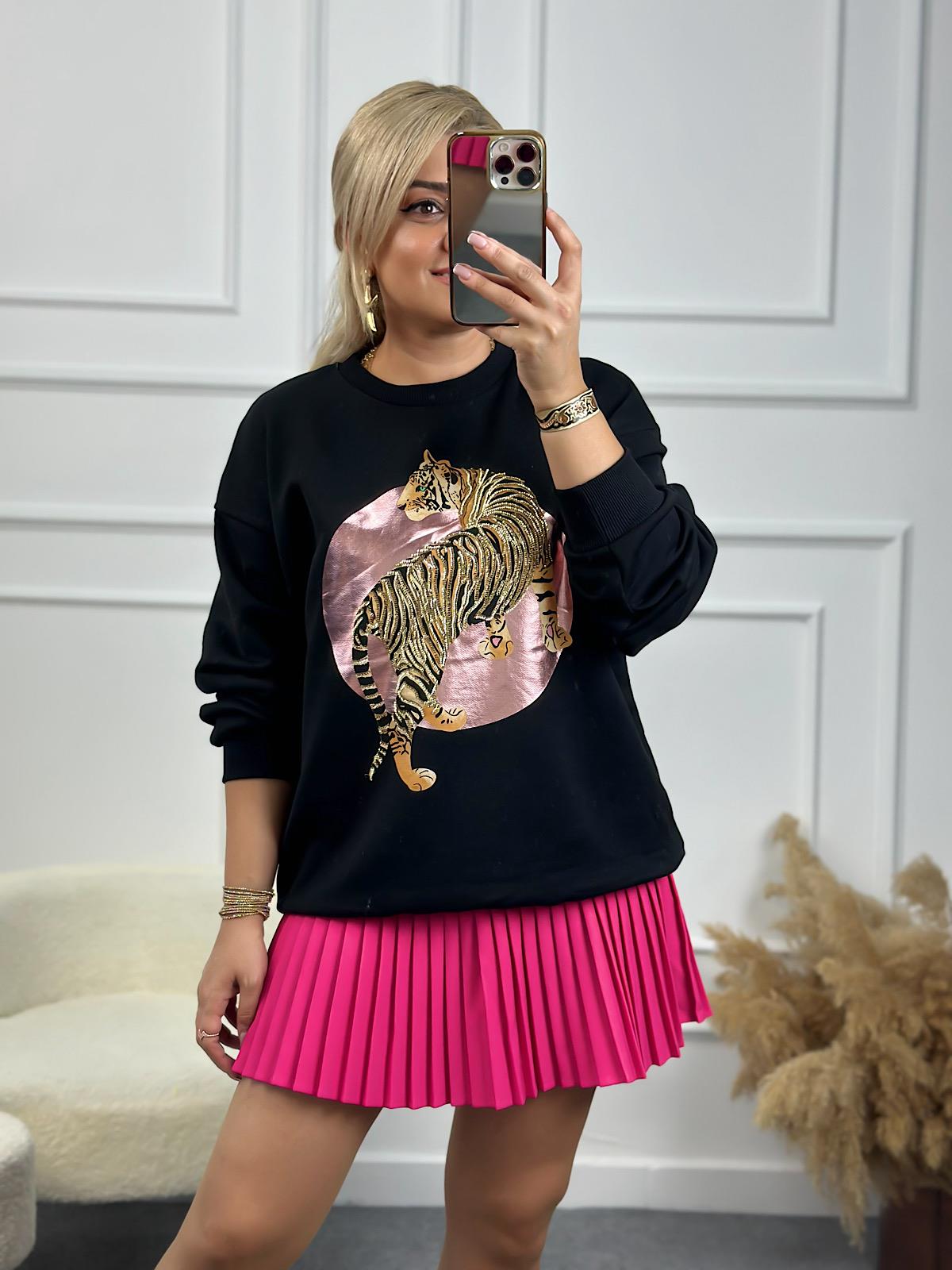 Leopar Varak Baskılı Oversize Sweatshirt SİYAH