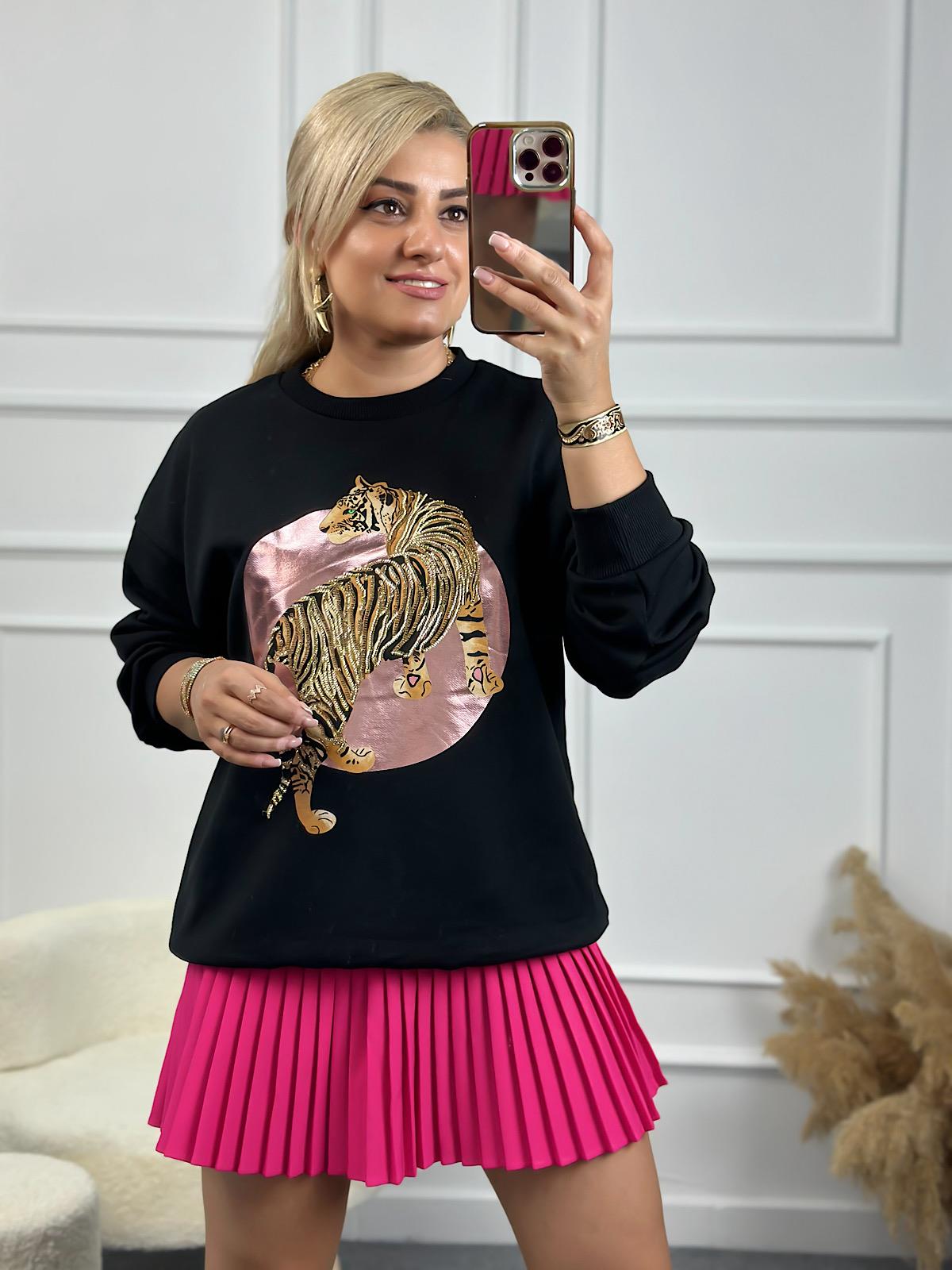 Leopar Varak Baskılı Oversize Sweatshirt SİYAH