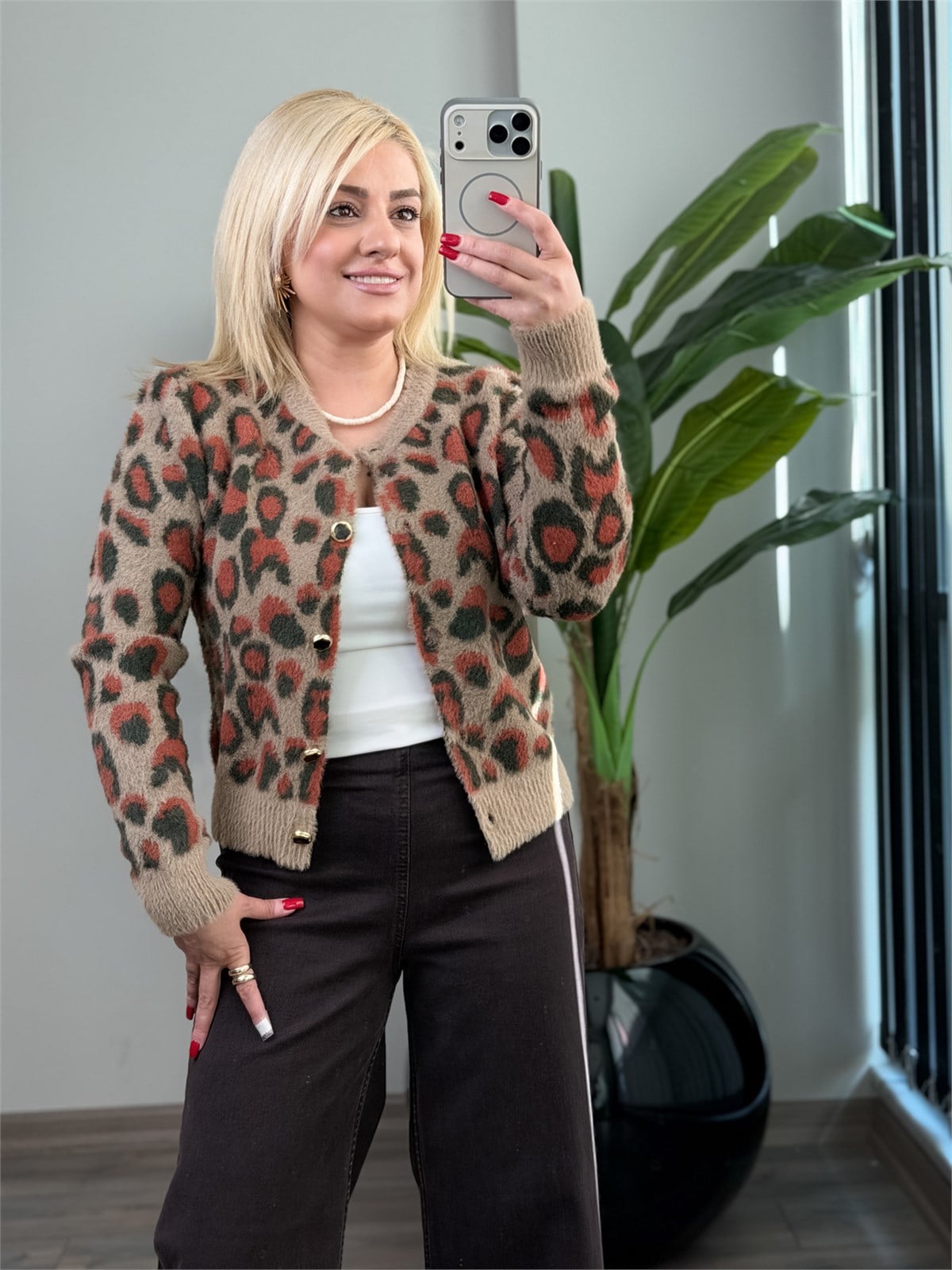 Leopar Yumuşak Dokulu Angora Hırka KAHVE
