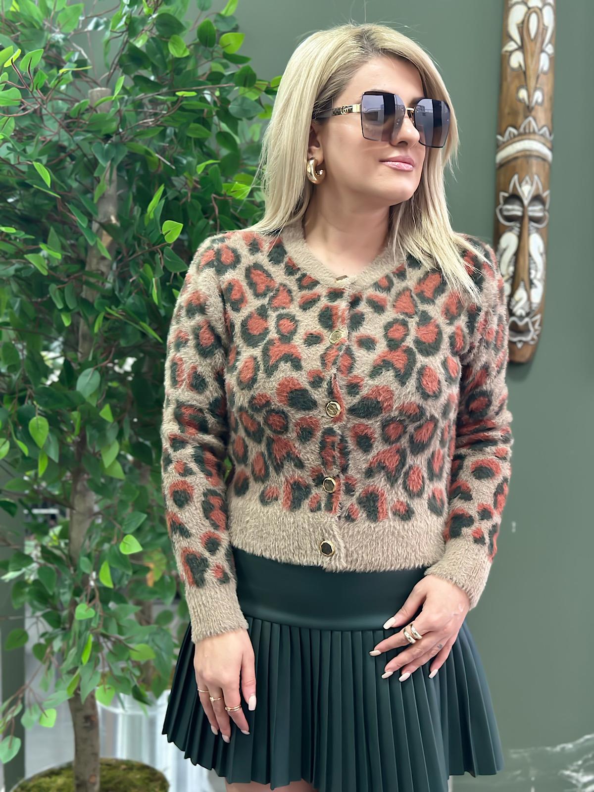 Leopar Yumuşak Dokulu Angora Hırka KAHVE