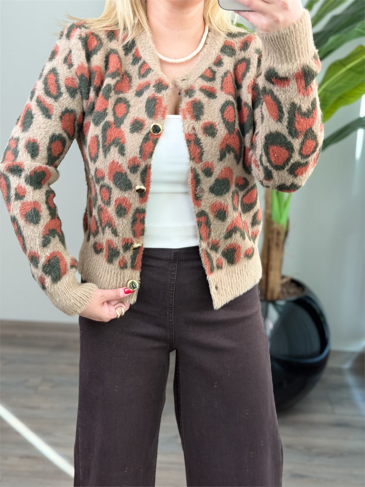 Leopar Yumuşak Dokulu Angora Hırka KAHVE