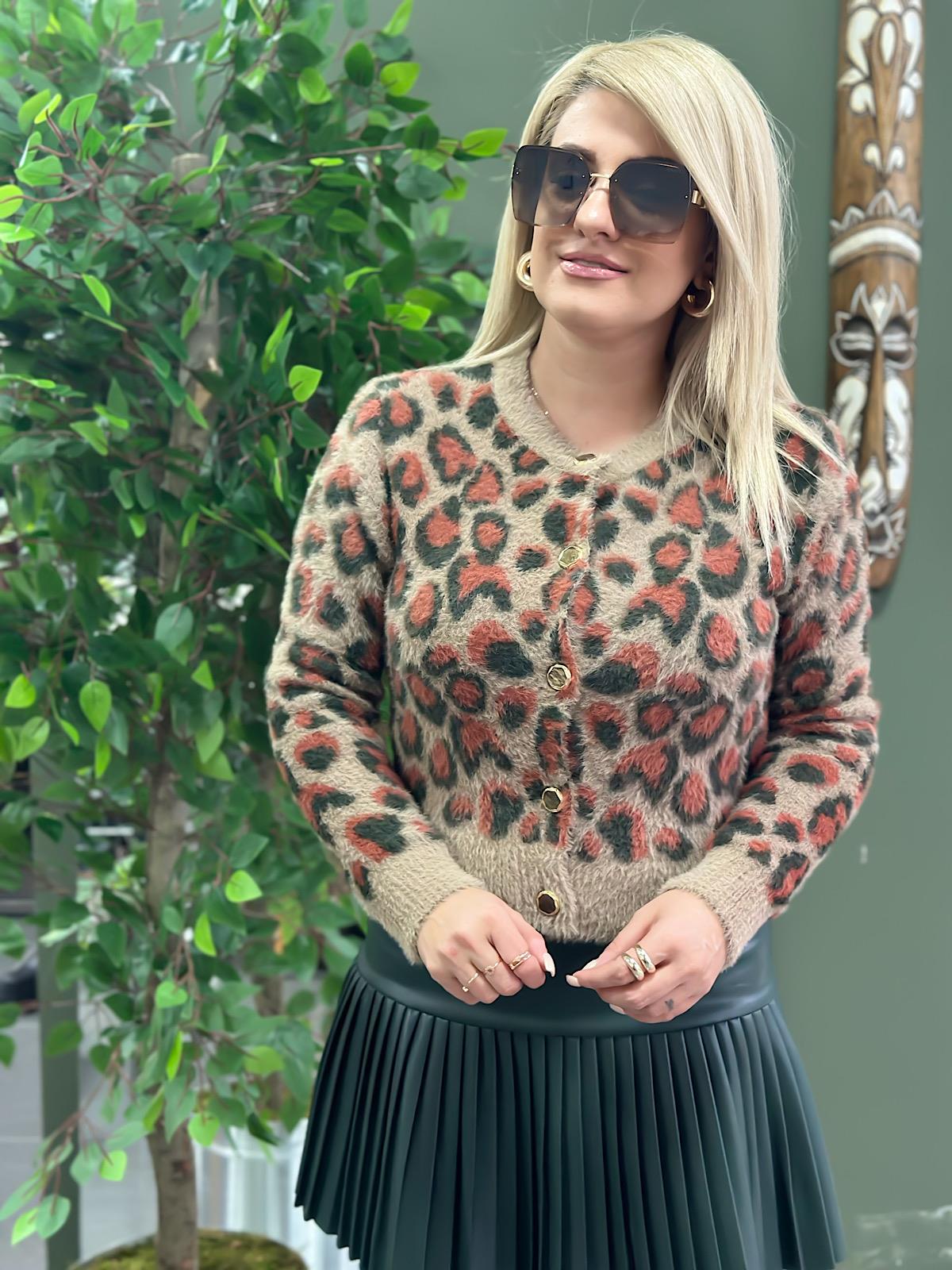 Leopar Yumuşak Dokulu Angora Hırka KAHVE