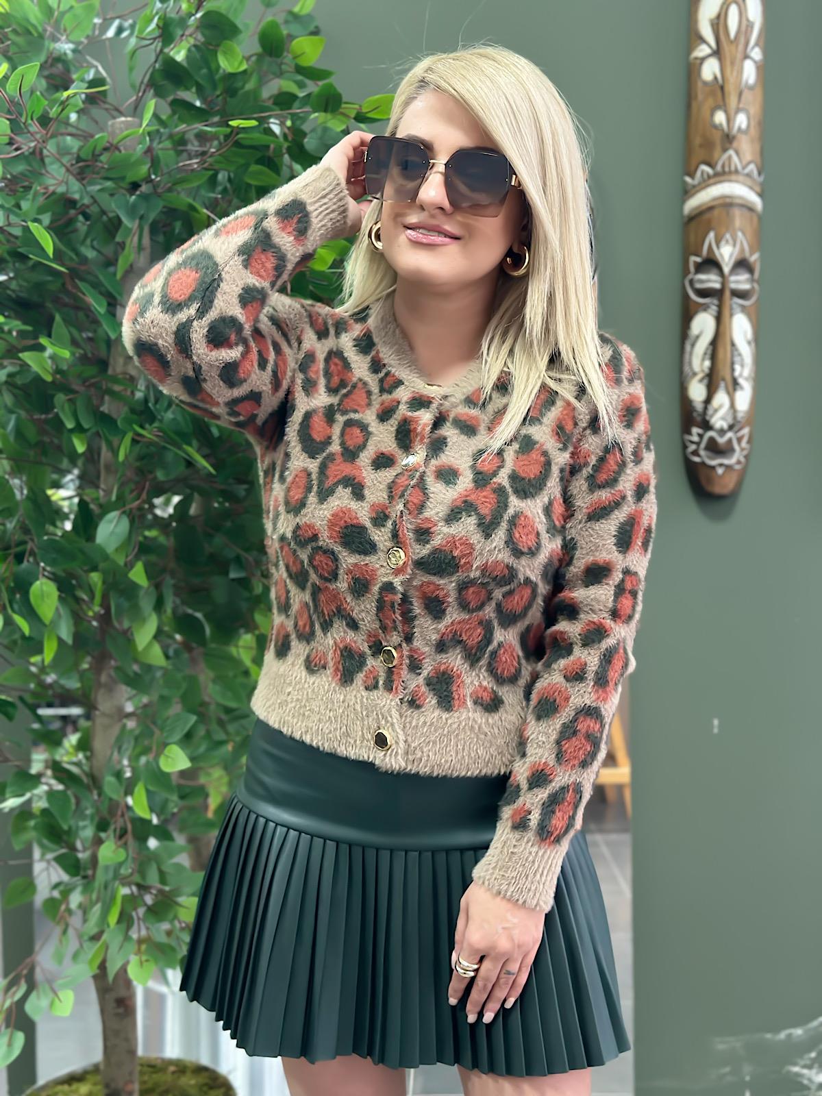 Leopar Yumuşak Dokulu Angora Hırka KAHVE