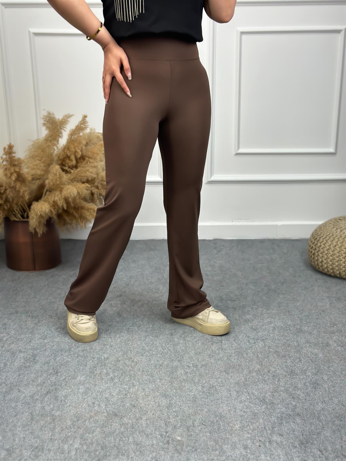 Likralı Kalın Kemerli İspanyol Paça Tayt KAHVE