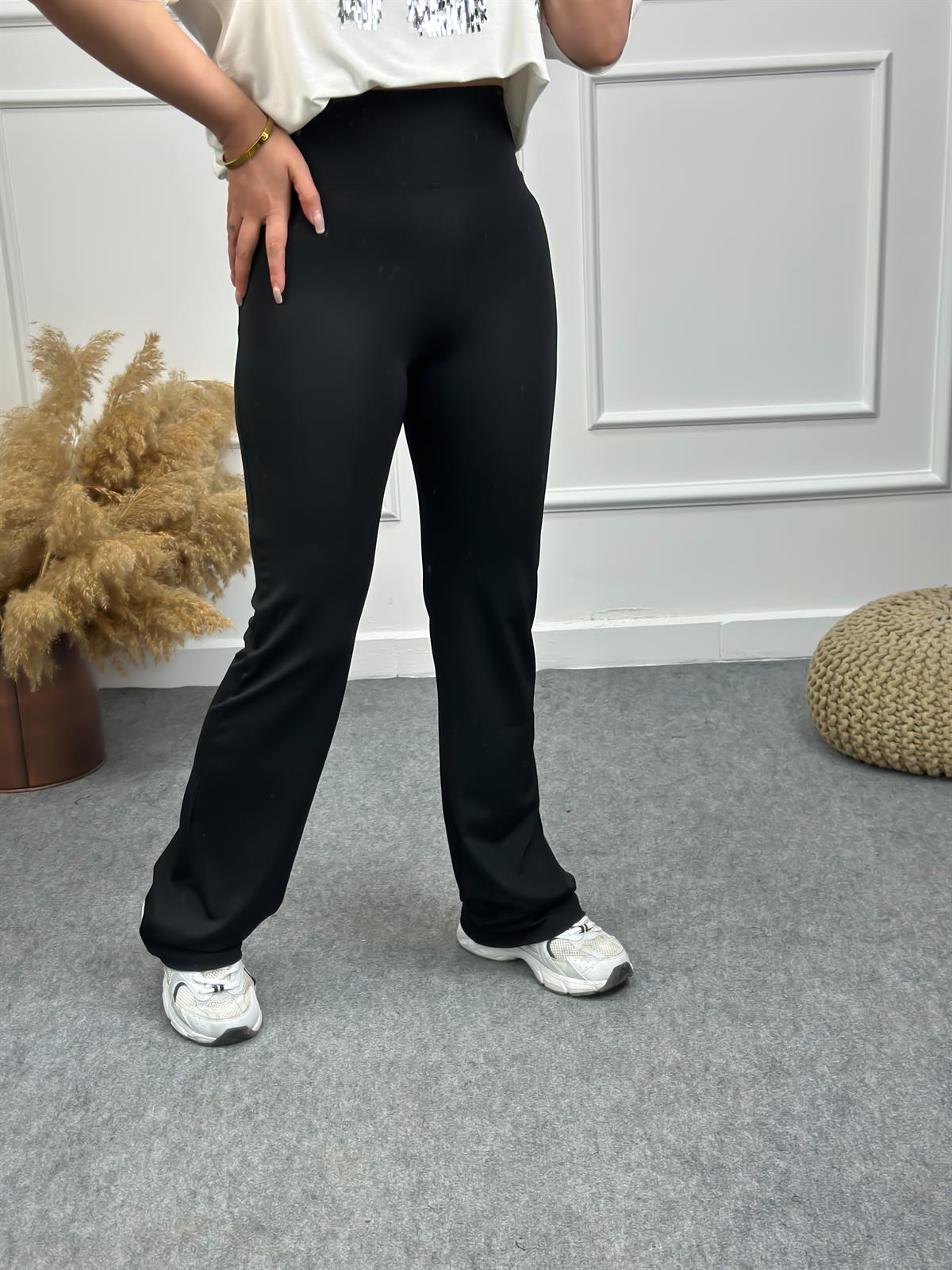 Likralı Kalın Kemerli İspanyol Paça Tayt SİYAH