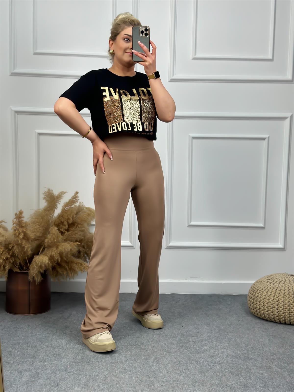 Likralı Kalın Kemerli İspanyol Paça Tayt VİZON