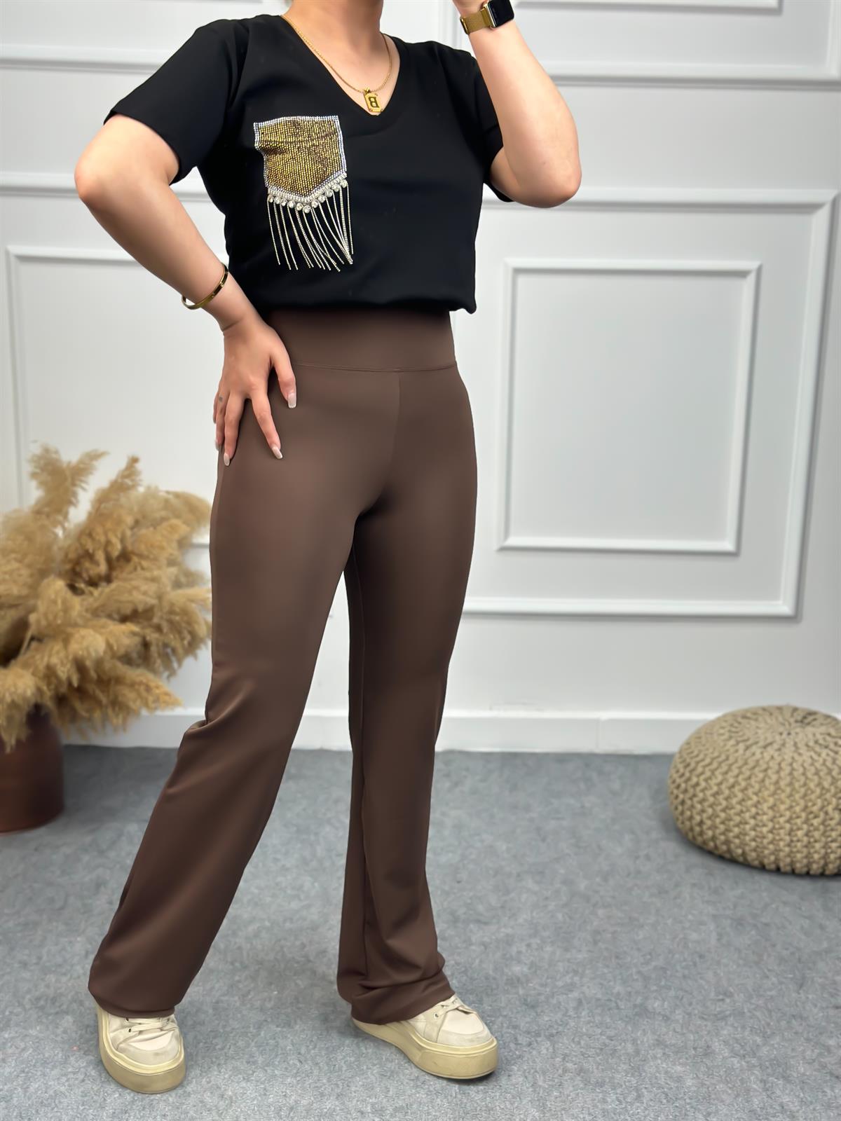 Likralı Kalın Kemerli İspanyol Paça Tayt KAHVE