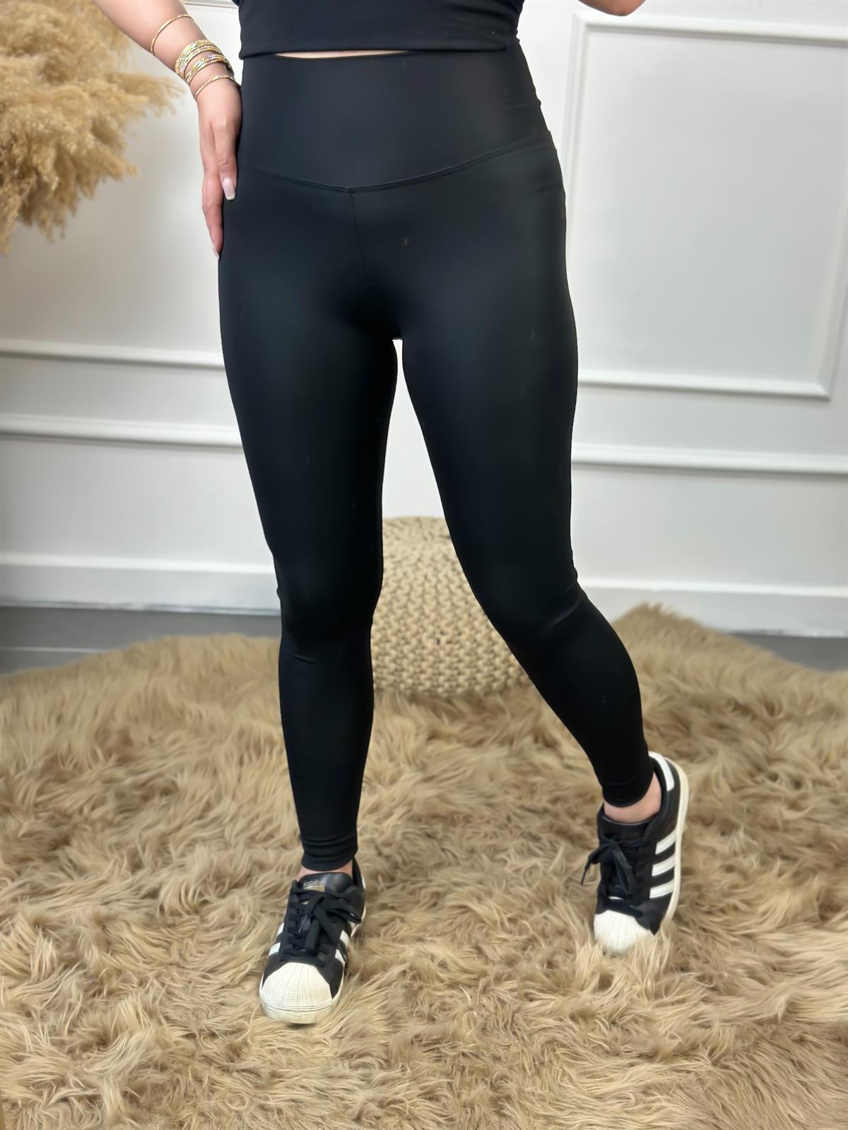 Likralı Kalın Kemerli Yüksek Bel Tayt SİYAH