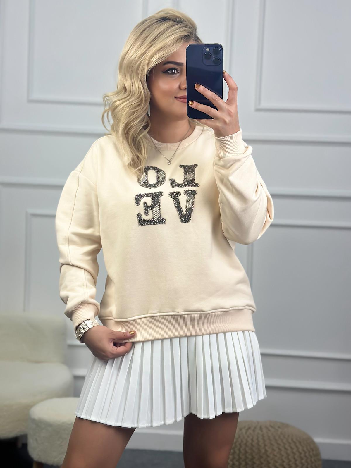 Love Baskılı Taşlı Sweatshirt BEJ