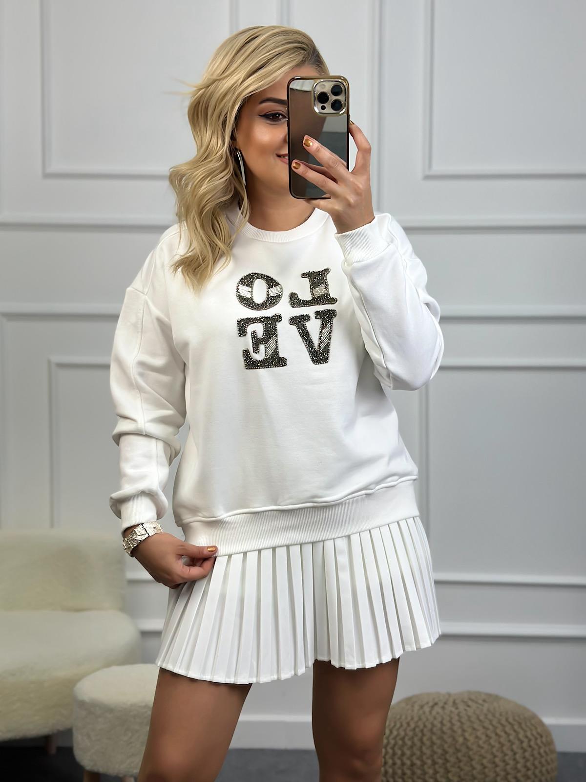 Love Baskılı Taşlı Sweatshirt BEYAZ