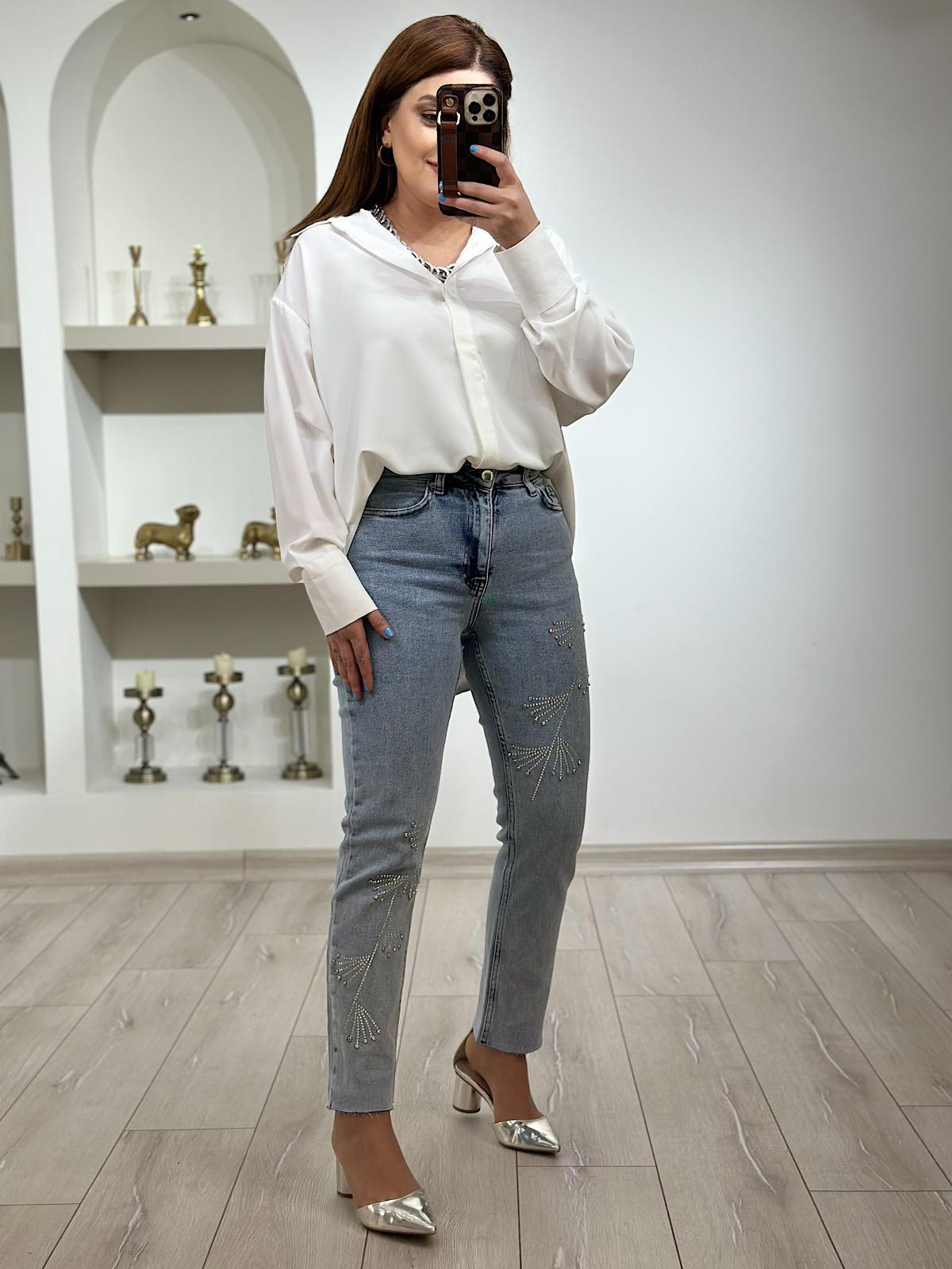 Lüks Kalite Çapraz Taşlı Mom Fit Pantolon BUZ MAVİ