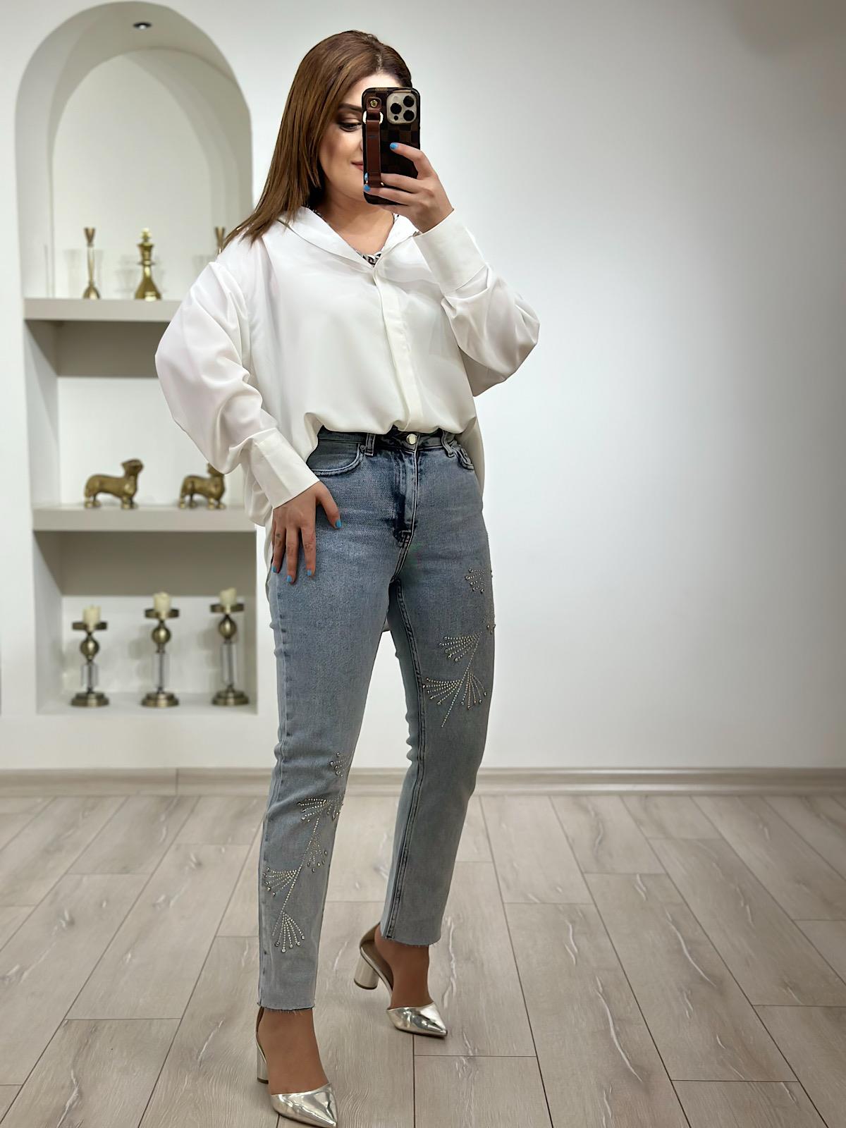 Lüks Kalite Çapraz Taşlı Mom Fit Pantolon BUZ MAVİ