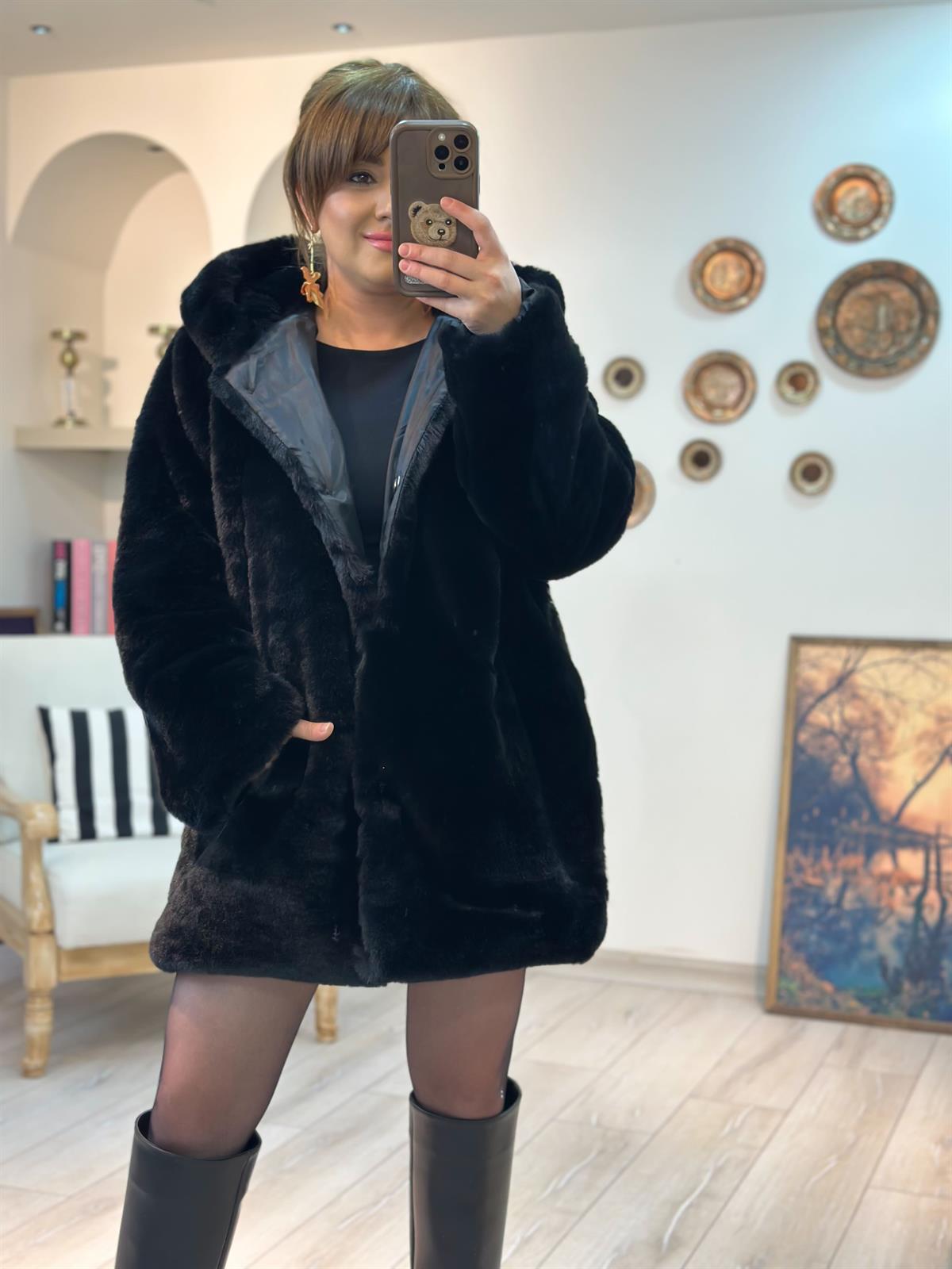Lüx Kalite Kapşonlu Peluş Mont SİYAH