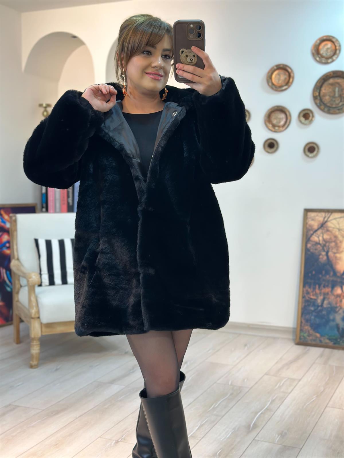 Lüx Kalite Kapşonlu Peluş Mont SİYAH