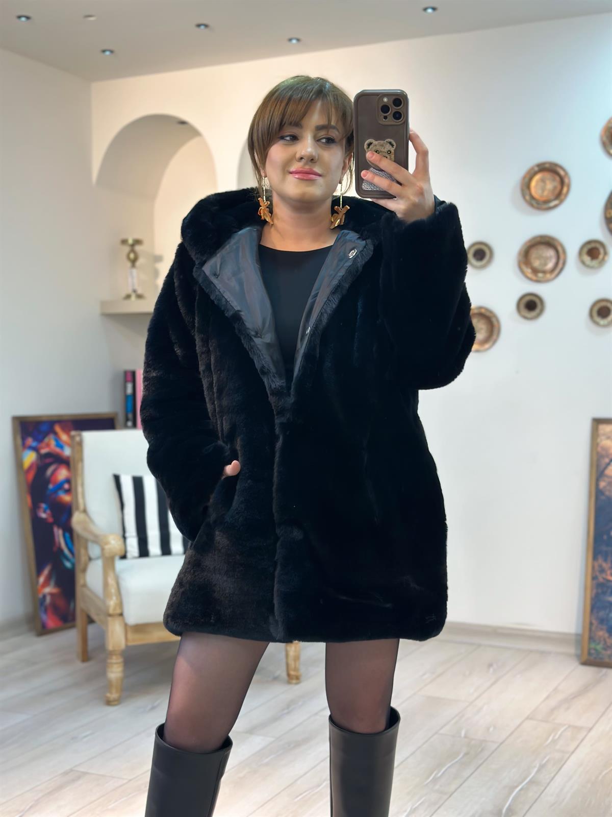 Lüx Kalite Kapşonlu Peluş Mont SİYAH