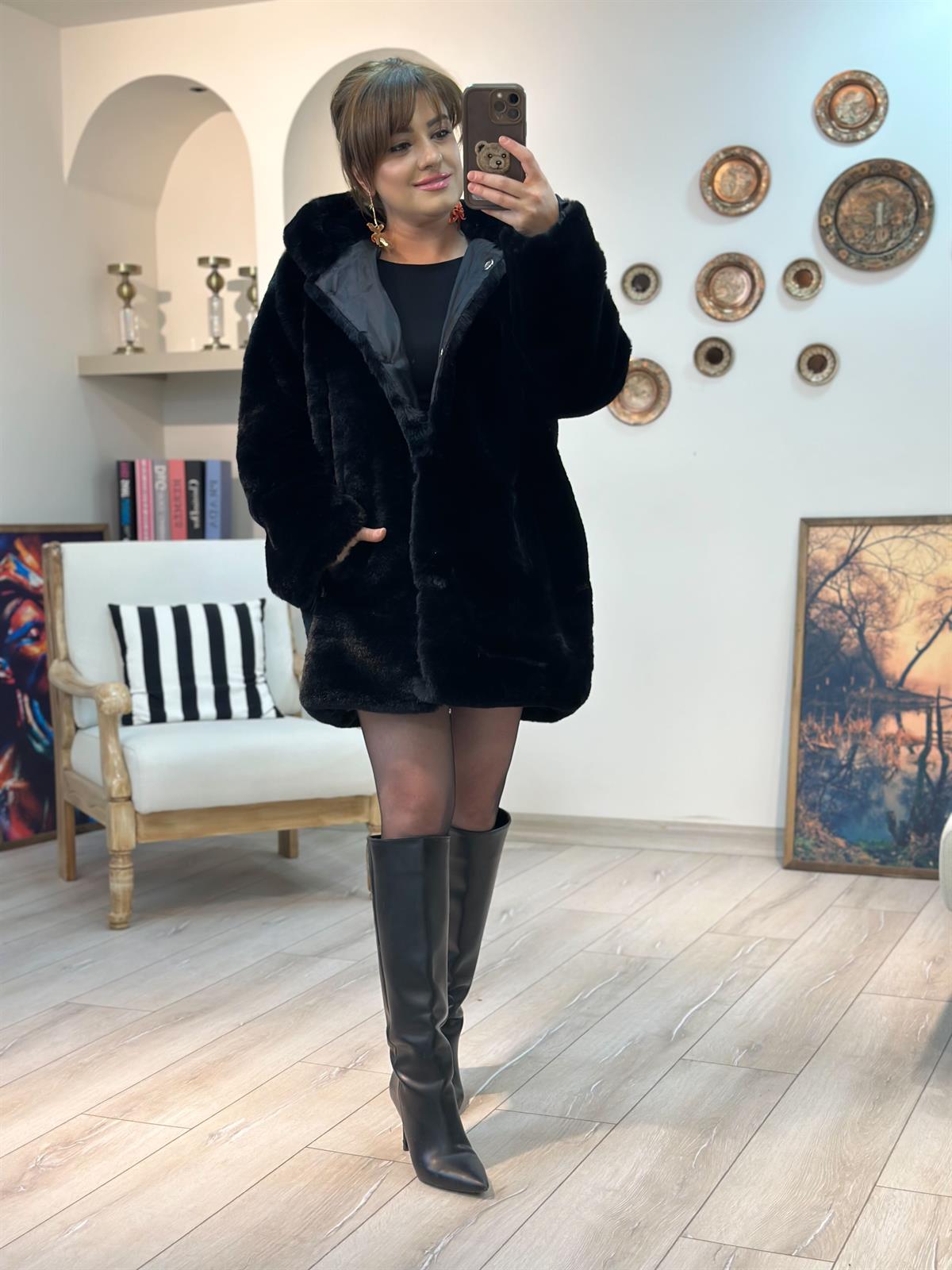 Lüx Kalite Kapşonlu Peluş Mont SİYAH