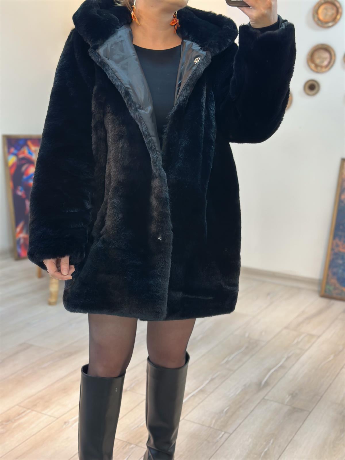 Lüx Kalite Kapşonlu Peluş Mont SİYAH