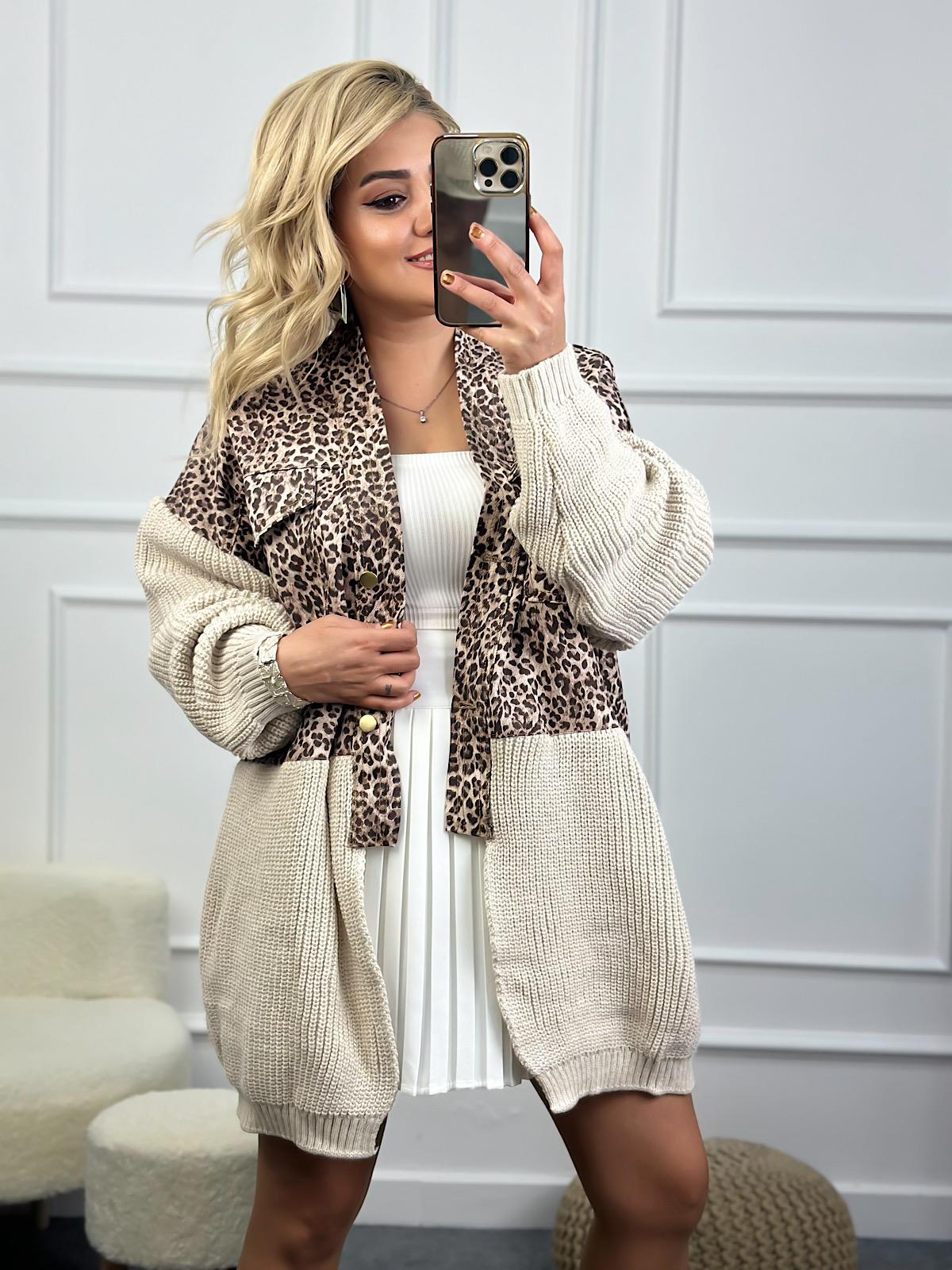 Marka Model Triko Mixli Üstü Gabardin Tasarım Leopar Ceket TAŞ