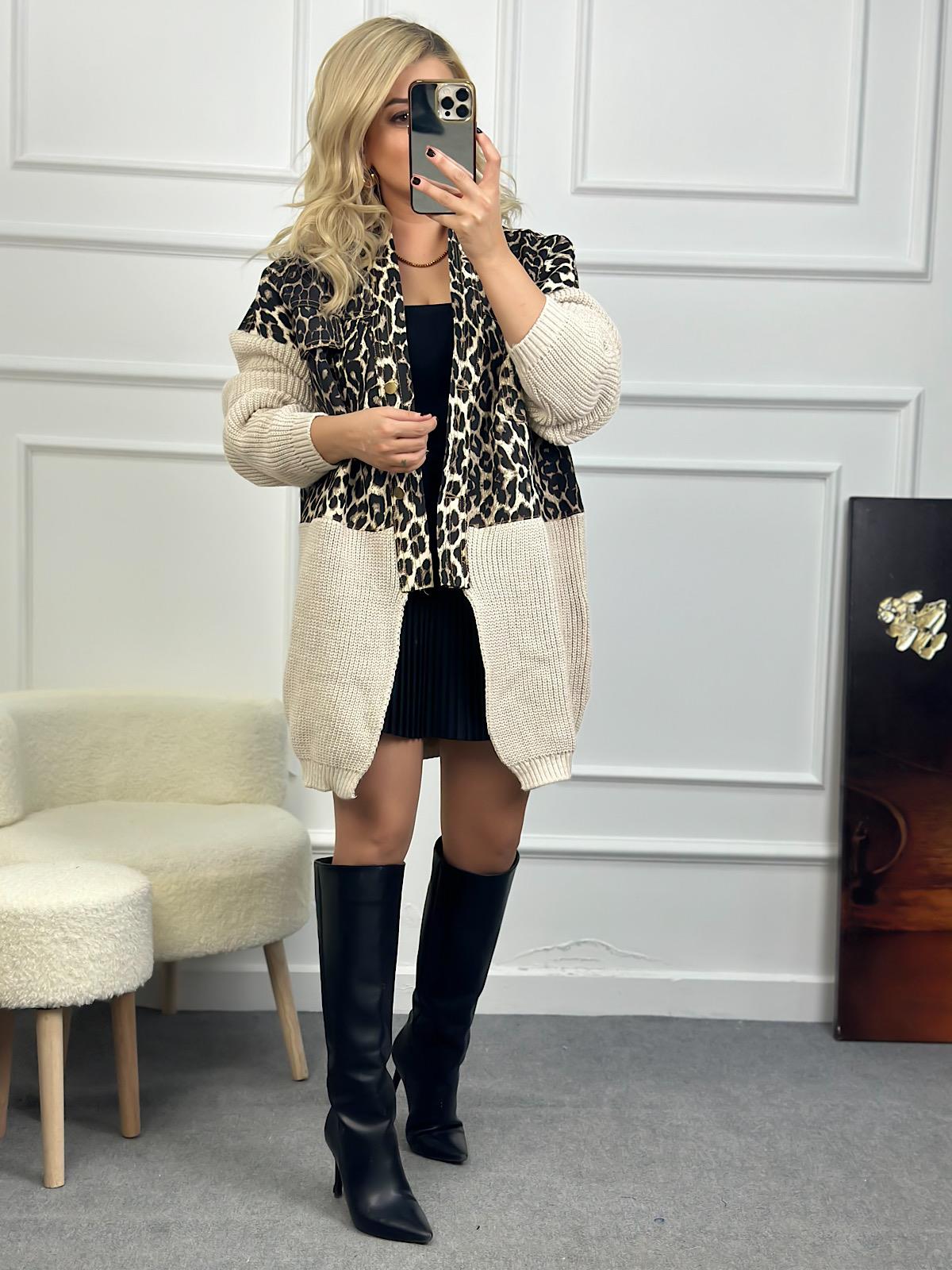 Marka Model Triko Mixli Üstü Gabardin Tasarım Leopar Ceket BEJ